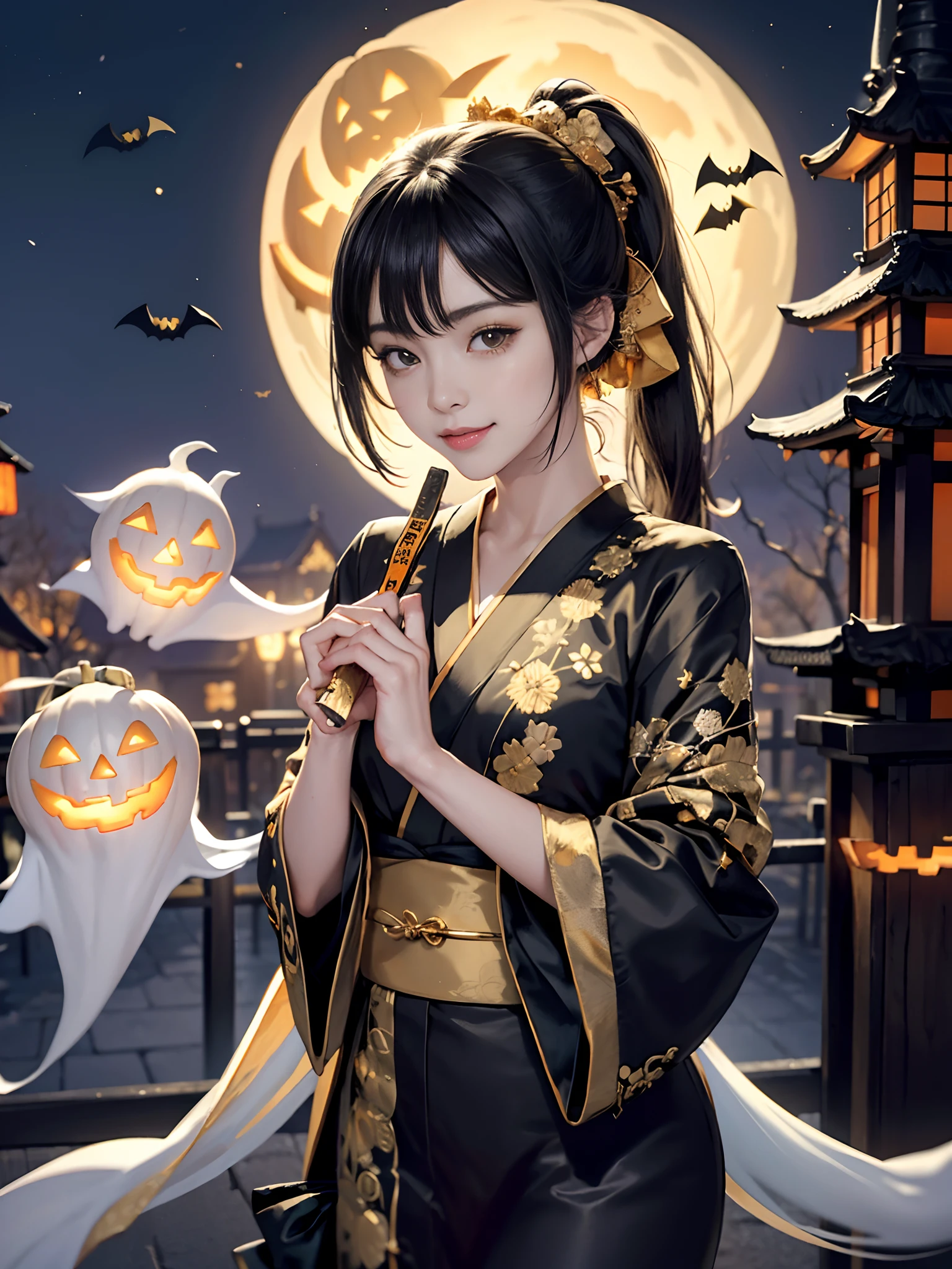 (rokoko:1.5),Background of details(halloween night:1.5)(fullmoon:1.2)(Station Square at Night(Crowds):1.5)((squash,ghost):1.5),BREAK ,elaborate costume(Luxury kimono(Black kimono(detailed embroidery(blanche,golds)))),BREAK,(1 Beautiful and classy adult woman(Shy smile(tusk):1.2)(Japanese actressl:1.2)(blackhair(poneyTail:1.2))),(eye glass(four corners:1.2)),(Have candy:1.2),BREAK,Wallpapers 16K,Blur the background,)(masutepiece,Best Quality,Portrait photos):1.5),full body Esbian