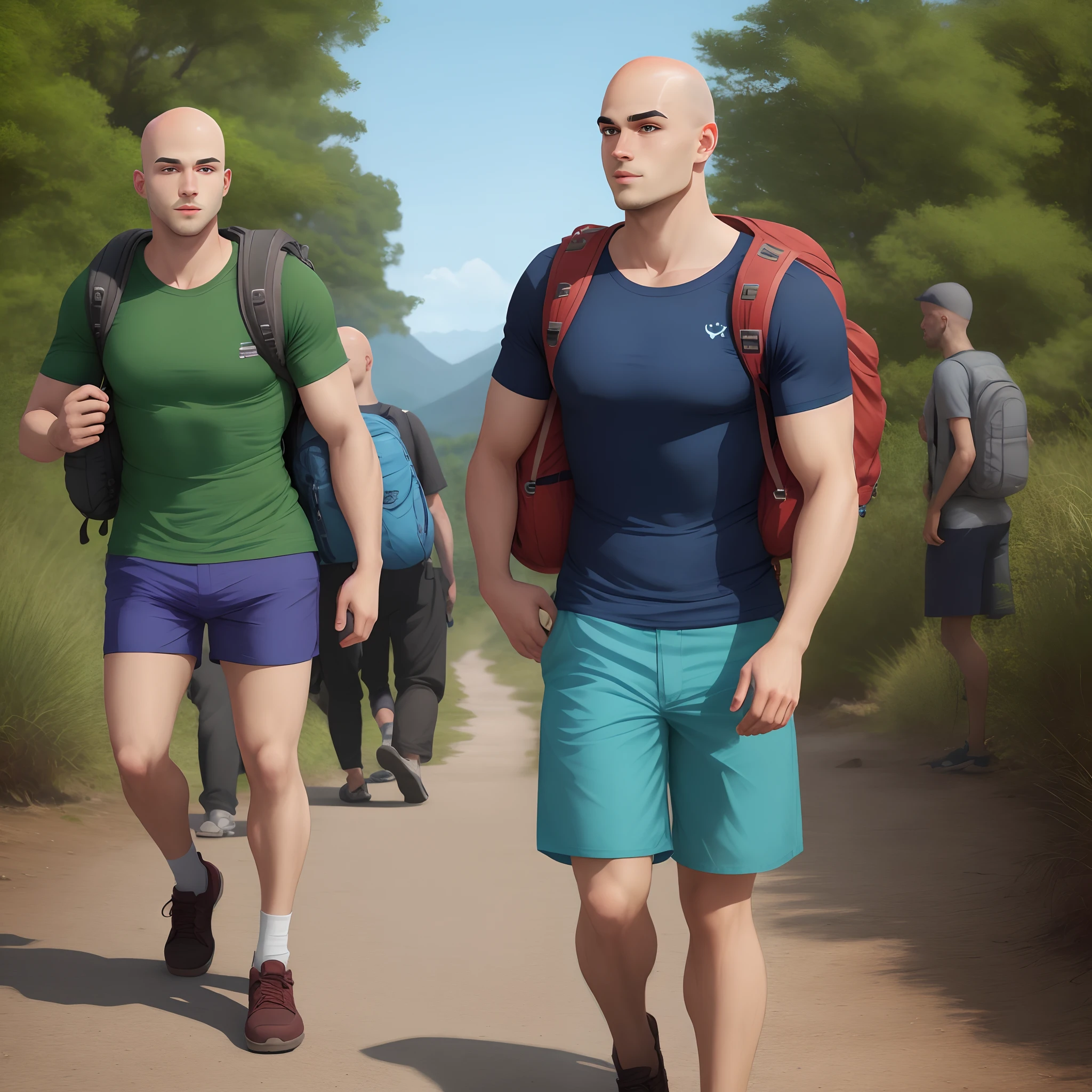 Png image, Cartoon style, Young bald man, tall, in green t-shirt, blue shorts, with backpacking, walking