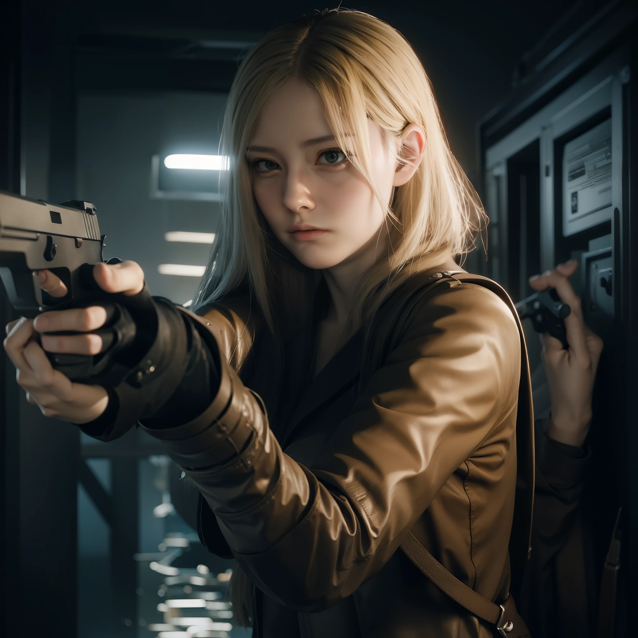 Pefect face, glare expression,female, beautiful face, long blonde hair, holding a gun