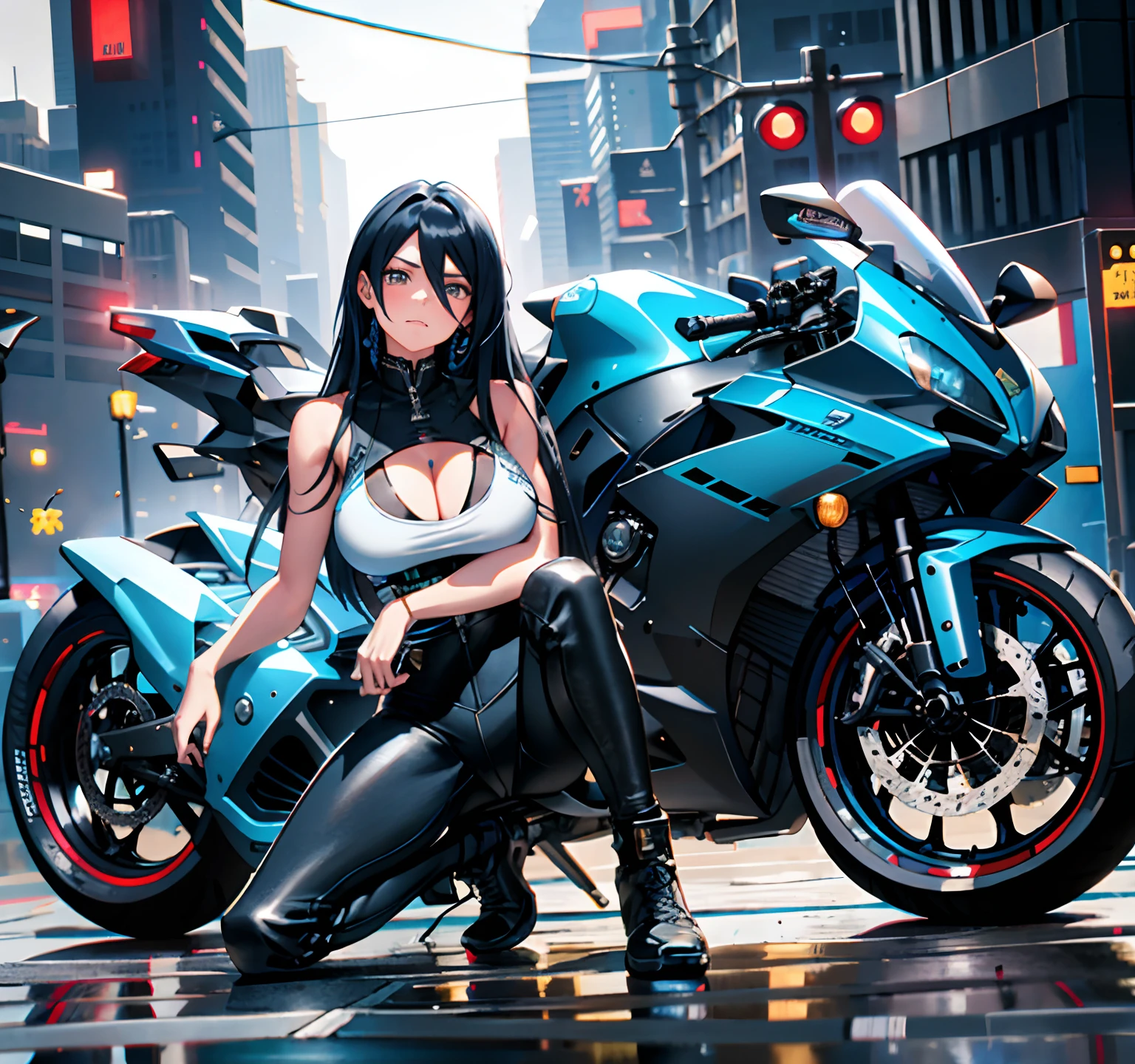 A 20-year-old woman sits on the ground next to a black and blue motorcycle, Long dark blue hair, huge tit, Plump crotch, Fitness model, sitting on cyberpunk motorbike, motorcycle, Motorcycles, sitting on the motorcycle, motorbiker, Blue and black, Shy and nervous expression
