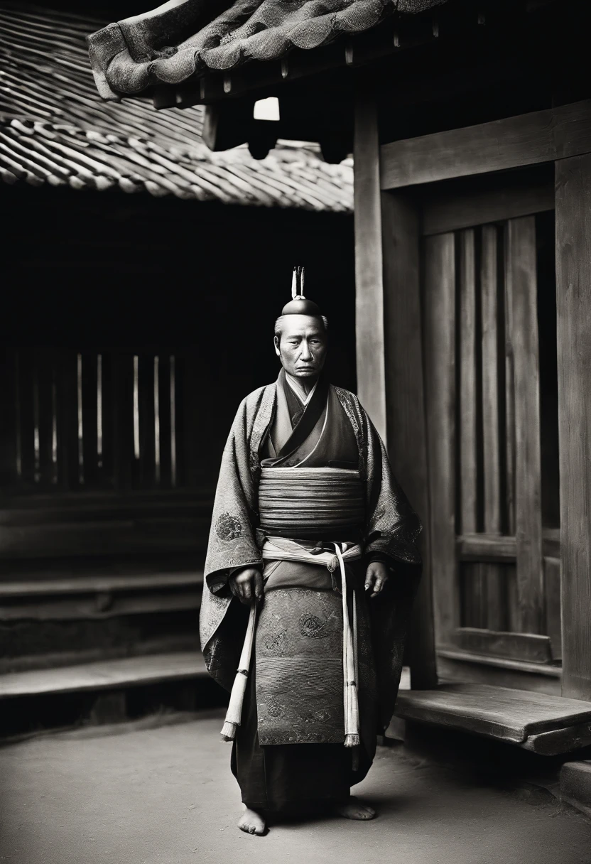 Full body, Ancient Japan masked tribes locals々and take a photo, Capture in black and white, Photos from the 1900s, Gelatin silver print, Add noise, Old Photo Effects