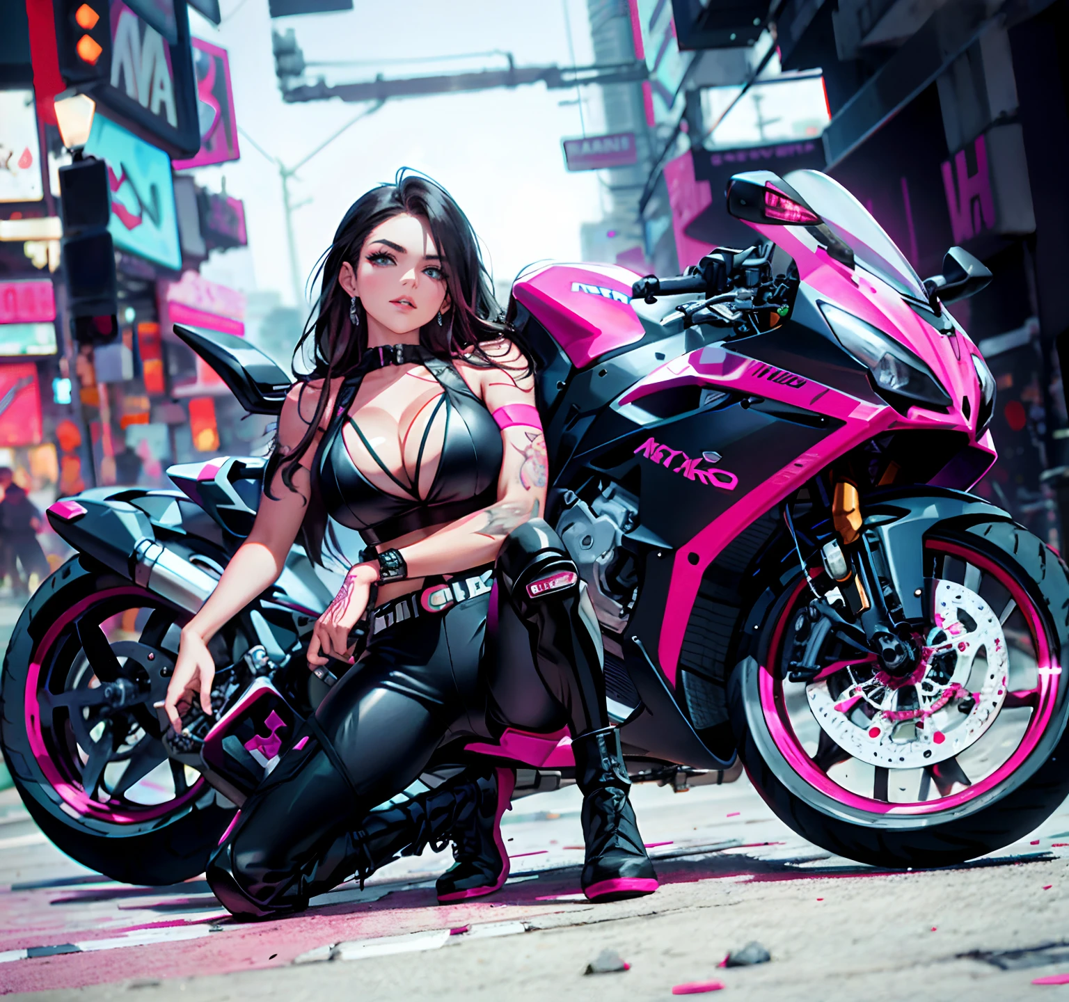 The Arafi woman sits on the ground next to a pink motorcycle, huge tit, Fitness model, sitting on cyberpunk motorbike, motorcycle, Motorcycles, sitting on the motorcycle, motorbiker, pink and black