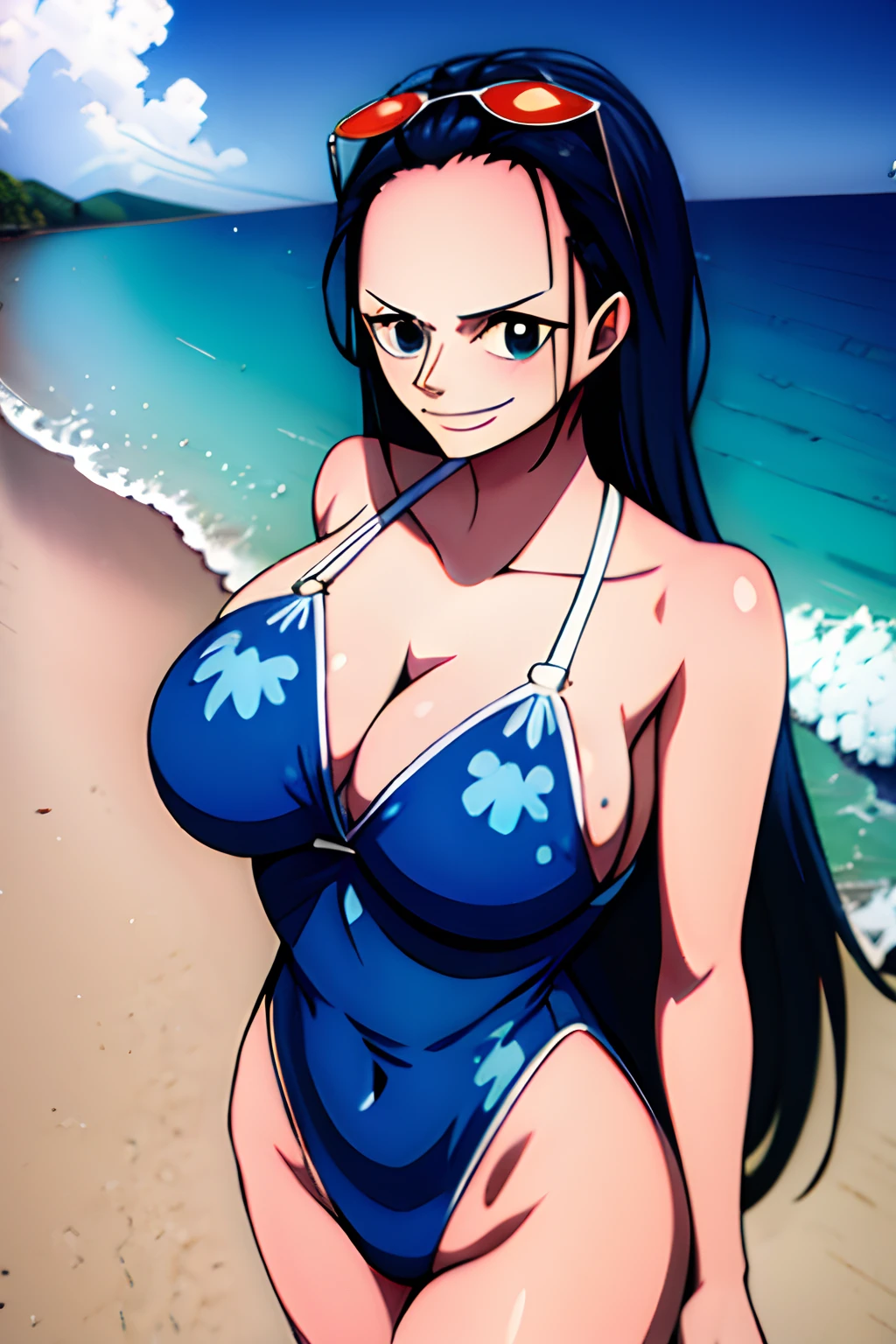masterpiece, best quality, highres, best quality, highres, Nico Robin, 1girl, long hair, black hair, sun glasses , ahoge, blue eyes, large breasts, very long hair, breasts, huge ahoge, long legs, smile, beach, Nico Robin from one piece, sun glasses, perfect face, perfect eyes, perfect hair, mature body,
