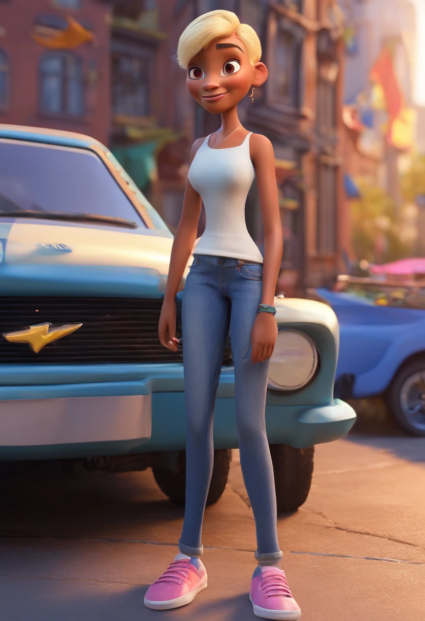 Cartoon girl with blond hair and blue jeans standing in front of a car, pixar octane render, Estilo dos desenhos animados da Pixar, Pixar. octan render, 3 d animated movie, Pixar 3D rendering, pixar 3 d animation style, estilo Pixar dos desenhos animados, pixar renderman render, animated film, Will Smith Disney Infinito, Pixar e Disney Estilo 3D, Modelo 3D Pixar Render