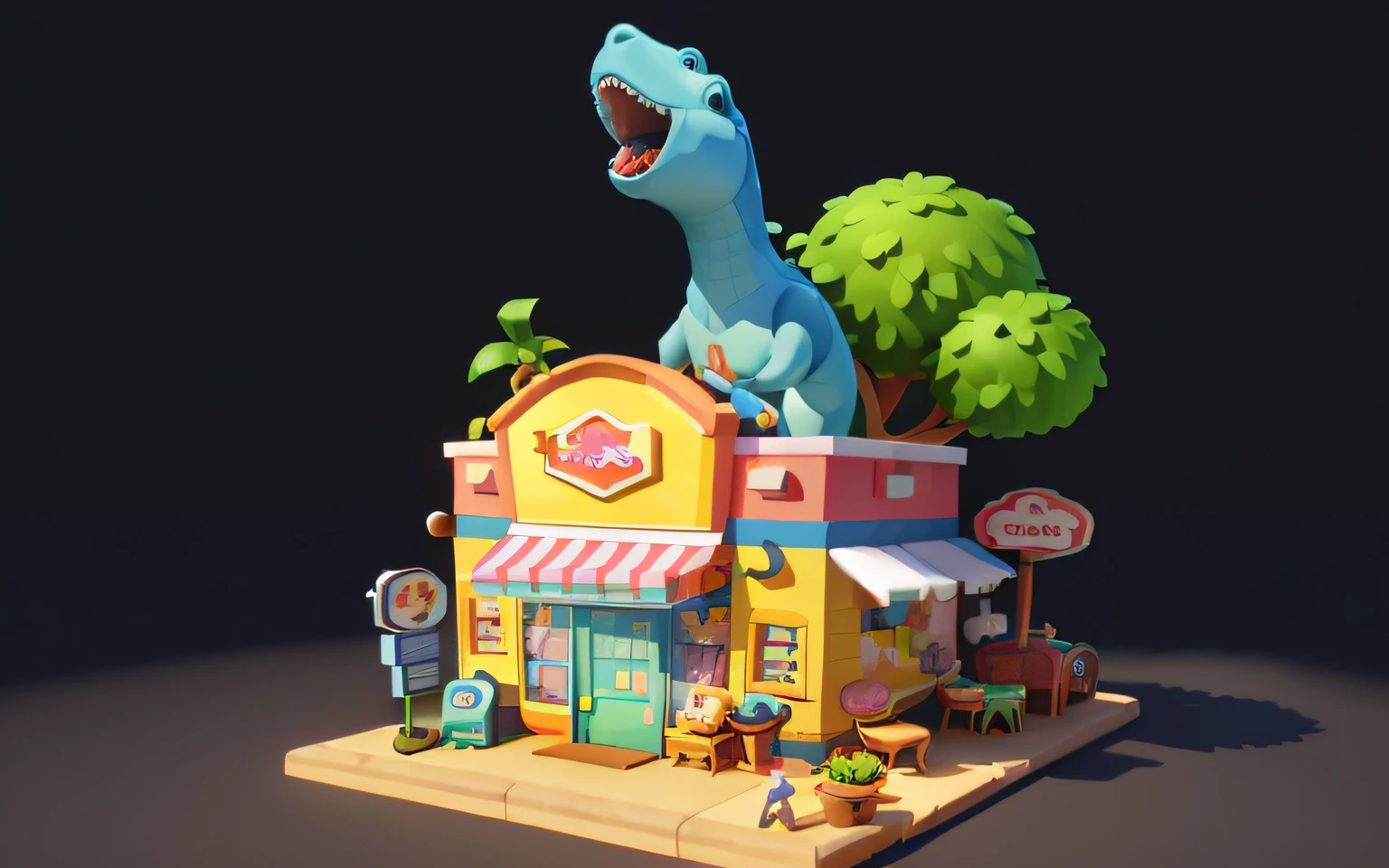 Cartoony,Cute dinosaur-shaped movie theater,There are cute dinosaurs next to it,Gromurosaurus,Tyrannosaurus Rex Pixar style,cartoonish style, polygon, Dinosaur building,,adolable, Game architectural design, fanciful, Charming concert hall, desks, music instrument, steins, Bricks, grassy, florals, Arborist, casual game style, Originality, best detail, ........。.3D, Blander, tmasterpiece, best qualtiy, toon rendering, 8K
