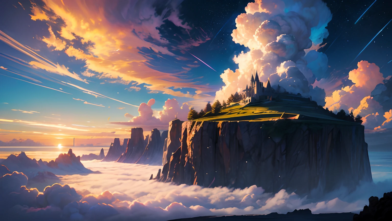 (Una vista impresionante:1.1),cielo lleno de nubes,Divine and Ethereal Lights,acantilado,Gorgeous colors,Ambiente fascinante,Paisajes asombrosos,nubes majestuosas,vista espectacular,Dramatic Cliff,Belleza inimaginable,resplandor celestial,Dreamlike panorama,Sereno y encantador,Paisaje inolvidable,impresionante,Sublime Vision,Impresionante maravilla natural,ambiente de otro mundo,Vista majestuosa,Silent and paradisiacal,Paisajes fascinantes,Superb view,Colores deslumbrantes,Amazing show,Serenidad y tranquilidad,Magnificent sunset,cielos luminosos,Quiet and peaceful atmosphere,Ethereal and Enchanting,Grandeza y belleza,Sublime y celestial,irreal e impresionante,inolvidable y sublime,divino e hipnotizante,Breathtaking and magical,Encantado y surrealista