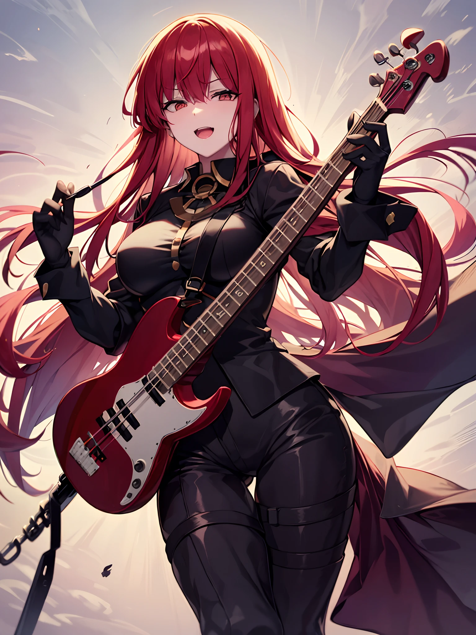 mulher madura, mulher de 28 anos, red hair, Cabelos Longos, anime, seios, Olhos vermelhos, Comics, sozinho, cabelo sobre um olho, cabo, Rockeira, franja, seios grandes, sorrir, tocando baixo eletrico, Electric bass instrument in your hands, electric bass, baixo eletrico completo de 4 cordas, os dedos dela (Playing electric bass, Have an electric bass, 4 cordas), sem fundo, Standing photo, botas pretas, foto de corpo inteiro.