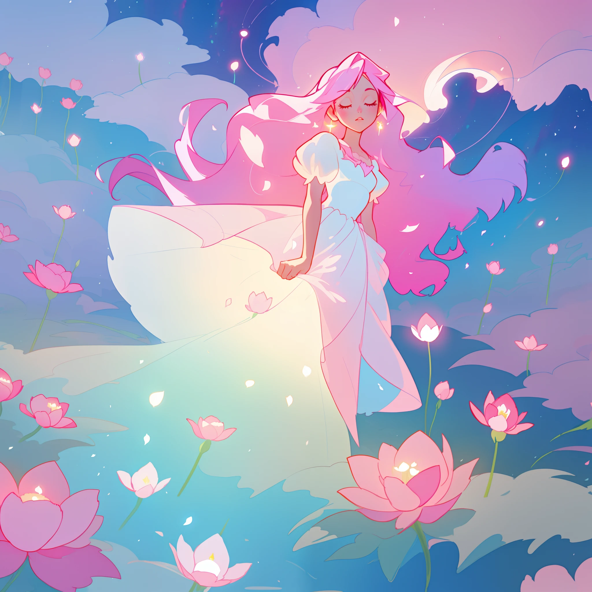 beautiful girl in puffy white ballgown, a field with circular pink red flowers, otherworldly flowers, glowing lights, whimsical landscape, long pink flowing hair, watercolor illustration, inspired by Glen Keane, inspired by Lois van Baarle, disney art style, by Lois van Baarle, glowing aura around her, by Glen Keane, jen bartel, glowing lights! digital painting, flowing glowing hair, glowing flowing hair, beautiful digital illustration, fantasia otherworldly landscape plants flowers, beautiful, masterpiece, best quality, anime disney style