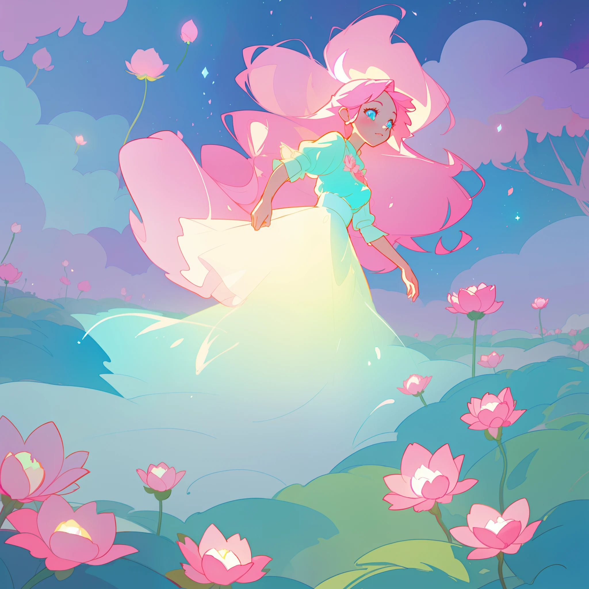 beautiful girl in puffy white ballgown, a field with circular pink red flowers, otherworldly flowers, glowing lights, whimsical landscape, long pink flowing hair, watercolor illustration, inspired by Glen Keane, inspired by Lois van Baarle, disney art style, by Lois van Baarle, glowing aura around her, by Glen Keane, jen bartel, glowing lights! digital painting, flowing glowing hair, glowing flowing hair, beautiful digital illustration, fantasia otherworldly landscape plants flowers, beautiful, masterpiece, best quality, anime disney style