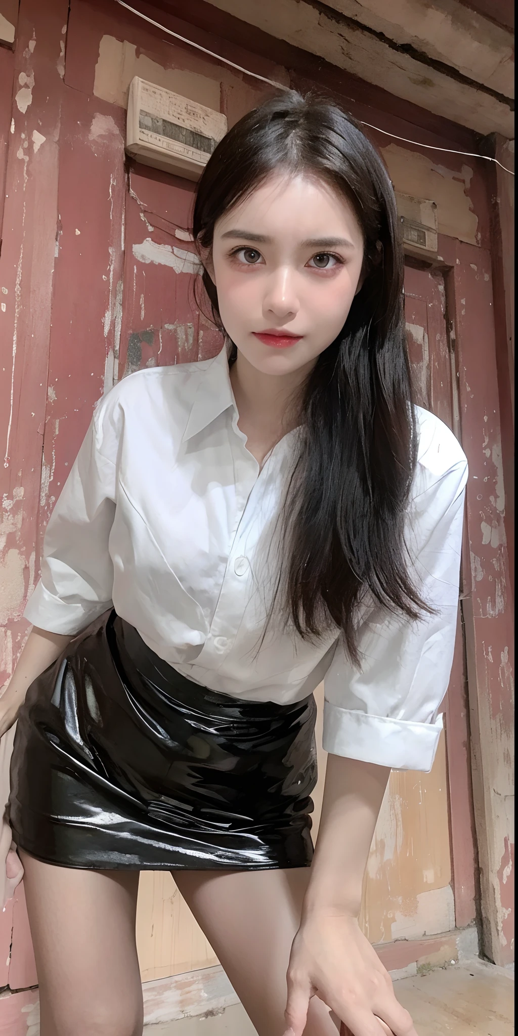 Top quality, Masterpiece, 超高分辨率, (Realistic, : 1.4), Original photo, (True skin texture: 1.3), (filmgrain: 1.3), in a panoramic view, Portrait, Very wide lens, Narrow waist, cowboy lens, (bangs, Inconspicuous, Cold light,) Night, Close-up, Tears, Short hair, neck long, ears sticking out, bangs, Big eyes, Brightly Colored Eyes, In the house, Dust, Tindall effect, (Facial expression), Sitting, (hitting a wall), Crying, Frowning, (Looking down), Nervousness, Tears, smiling happily
one girl, eyes and face with beautiful details, White jabot, pink dark V, Brown eyes,