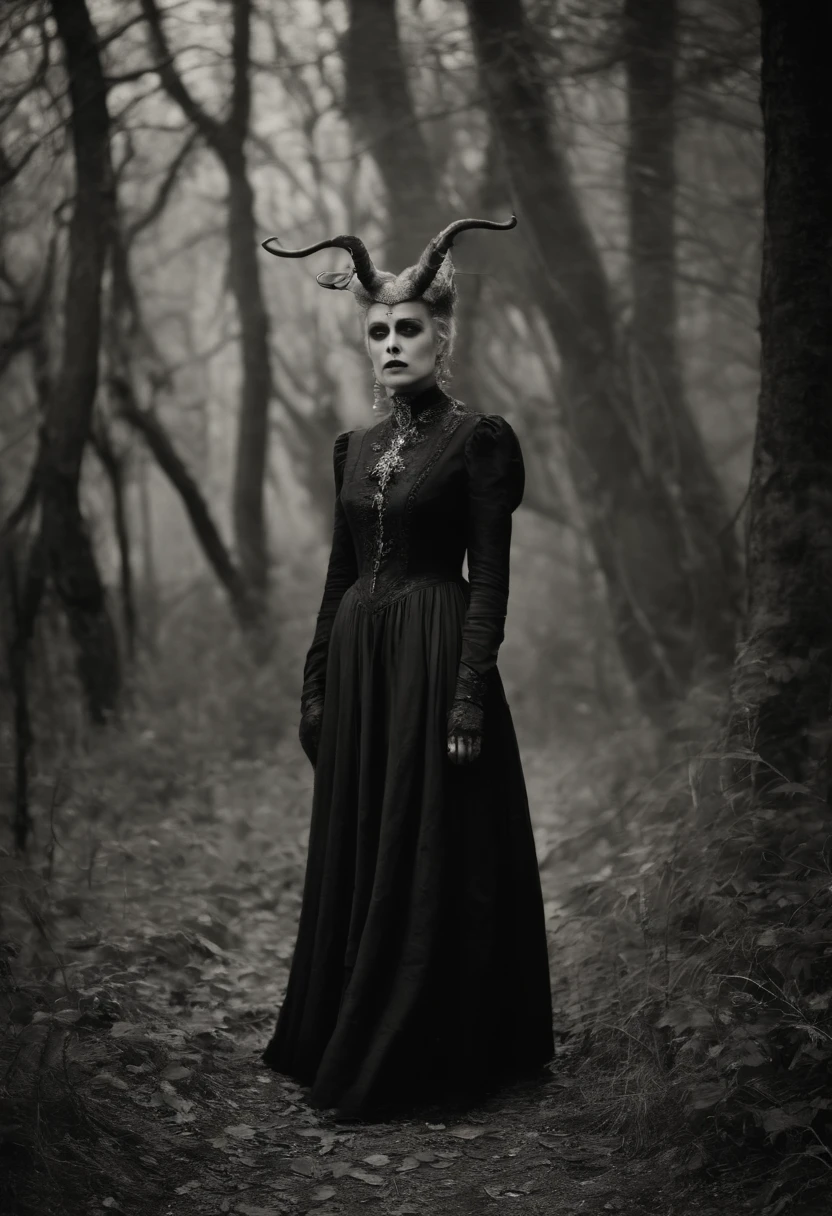 Full body, demonic creatures, Locals々and take a photo, Capture in black and white, Photos from the 1900s, Gelatin silver print, Add noise, Old Photo Effects