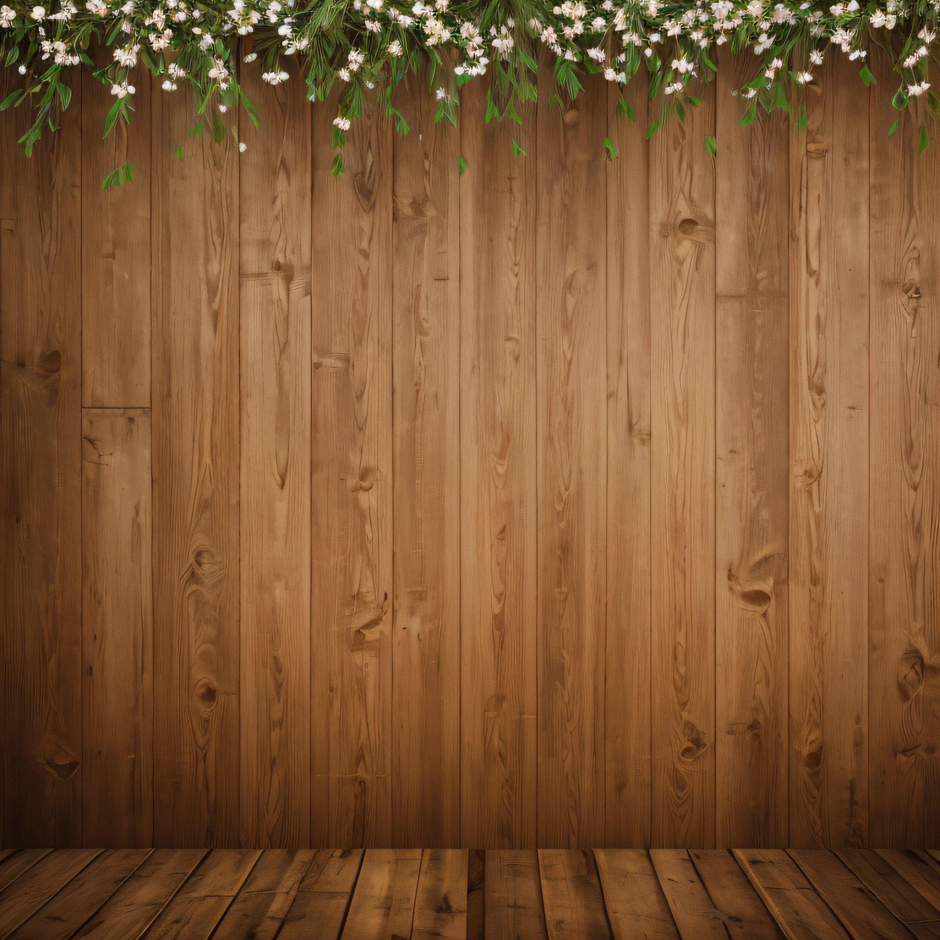 There is a wooden wall,It has flowers and greenery, photography of, isolated Backdrop, white flowers on the floor, Wooden background, Flowers in the background, beautiful photograph, Background with, background full of brown flowers, Wood texture on top, Decorated with flowers, Flower beds on the floor, beautiful high resolution, background natural flower, photo studio background