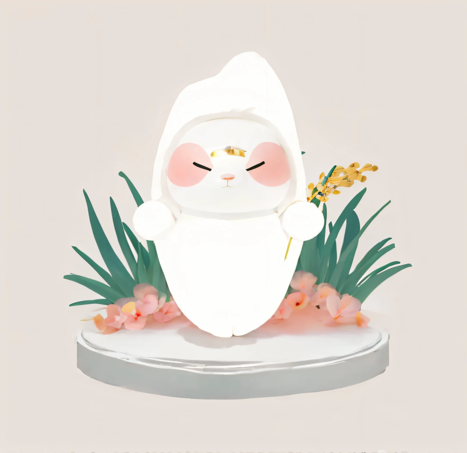 Rice image,Holding golden ears of rice in his hands,Next to him is a green straw,and clusters of pink flowers,There is a metal table underneath
