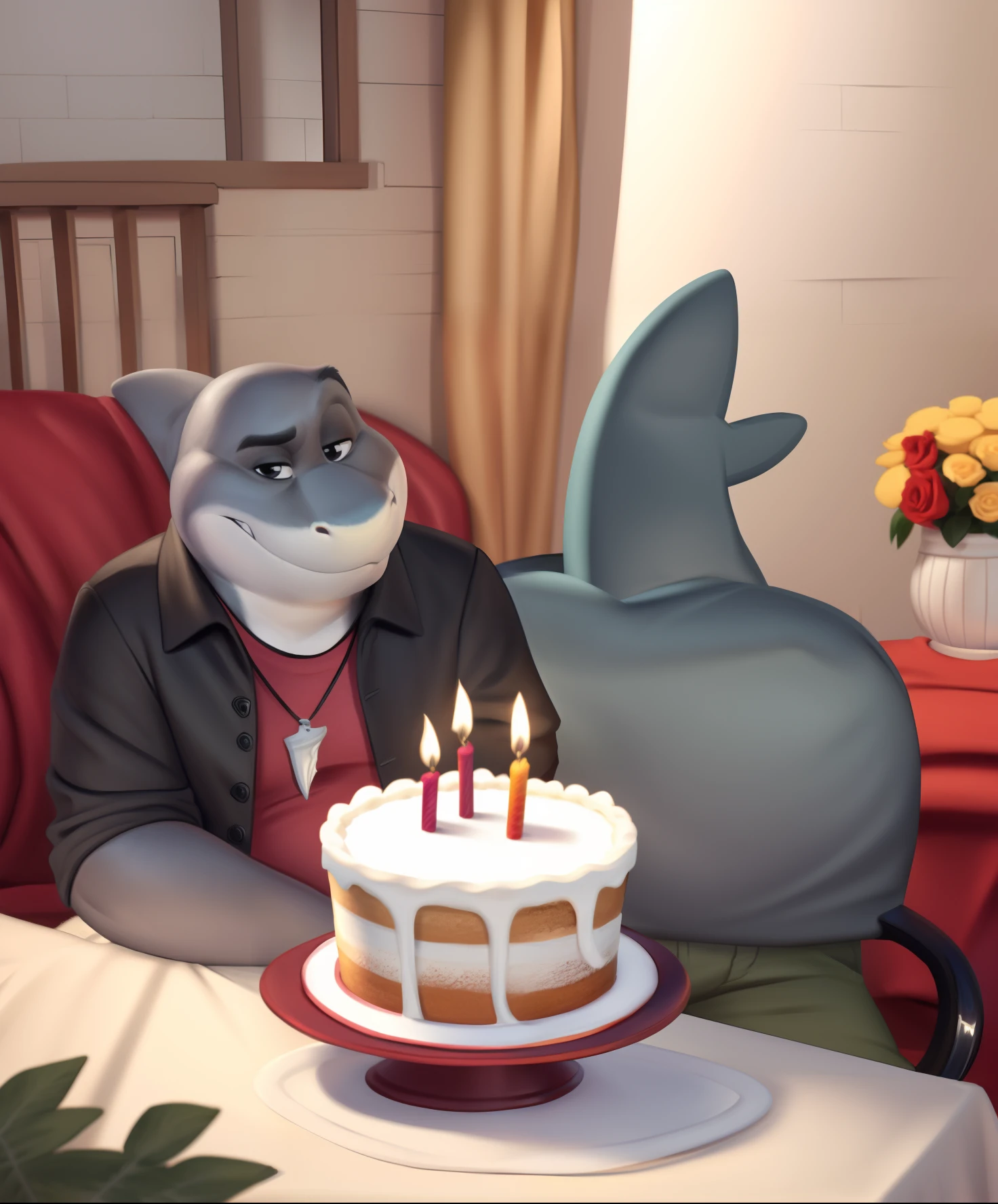 mr shark, plump, fat, belly, black eyes, (pose:1.3), (posing:1.3), (soft shading), 4k, hi res, five fingers, detailed hands, ((detailed face, (detailed eyes:1.0), detailed)), (full body), by zackarry911, by zaush, (by personalami:0.5),  looking at viewer, shirt, 1boy, jacket, male focus, open clothes, pants, red shirt, dog tags, green pants, giant head, huge head, big head with a cake