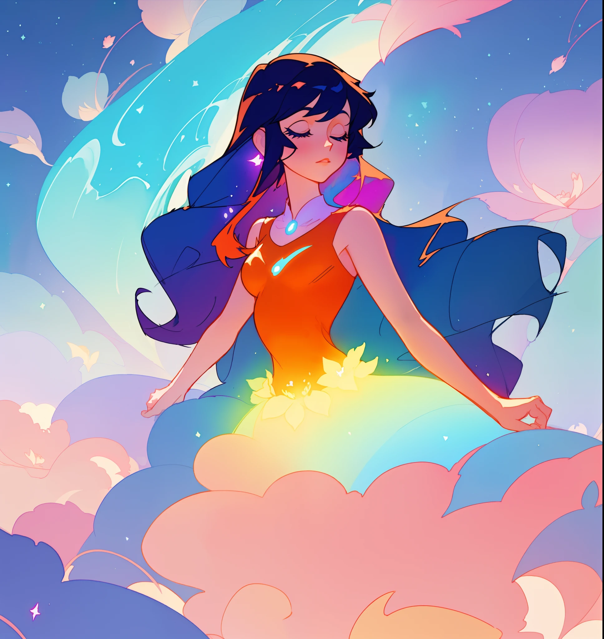 SFW. A young girl of 25 years old, with dark violet hair, her hair is wavy, reaches to her shoulders, her hairstyle is: "hair to the sides, behind her ears, with long bangs to the right covering one of her her eyes, the ends of her hair end in a bubblegum pink color. He has a refined face, his eyes are narrow, with thin and long eyelashes, his eyes are a greenish and dark blue color, his eyelids have a ridge, he has a small, upturned nose with a small ceptum of golden color, rosy cheeks, wide lips . , she is wearing purple lipstick on her lips, a thin smile, a small mole on the top right of her upper lip. She is wearing a choker with a bright blue crystal gem, she is wearing a long, thin, pink, sleeveless dress, with a wide neck, that reaches to her thighs. She wears a white bra underneath her dress, her pink dress shows the silhouette of her bra and panties, on her wrists she wears bright gold ring-shaped bracelets, a silver Rolex watch and white-painted nails. At her waist, above her dress, she wears a wide white belt with a shiny metal ring. She is tall, slender, muscular, with delicate arms, long and soft legs, medium breasts, wide hips, soft thighs, small butt, charismatic and cheerful. She is facing the camera, seen from below, walking forward, there is a lot of wind that makes her pink dress and also her hair wave in the breeze, she is in a large park, there are no trees, it is a plain of green grass and small rocks, you can see long, green grass, in the distance of the image, in the third plane, you can see a small river, it is daytime, the sky is turquoise blue, there are many fluffy, volumetric clouds, and a bright sun that illuminates the girl from behind. Very high quality image, full HD, 4k, full body, panoramic, beautiful, cinematic lights, back focal light.