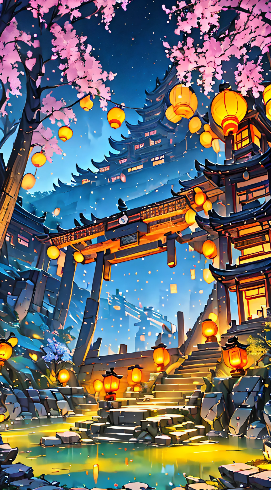 Antique effect,Night view of ancient Chang'an City,Numerous buildings,There is a full moon,There is a stone bridge,There is lake water,There are locust trees,There is a faint fog between the buildings,A straight street,There are crowds of people walking on both sides of the road,Detailed background,hyper HD