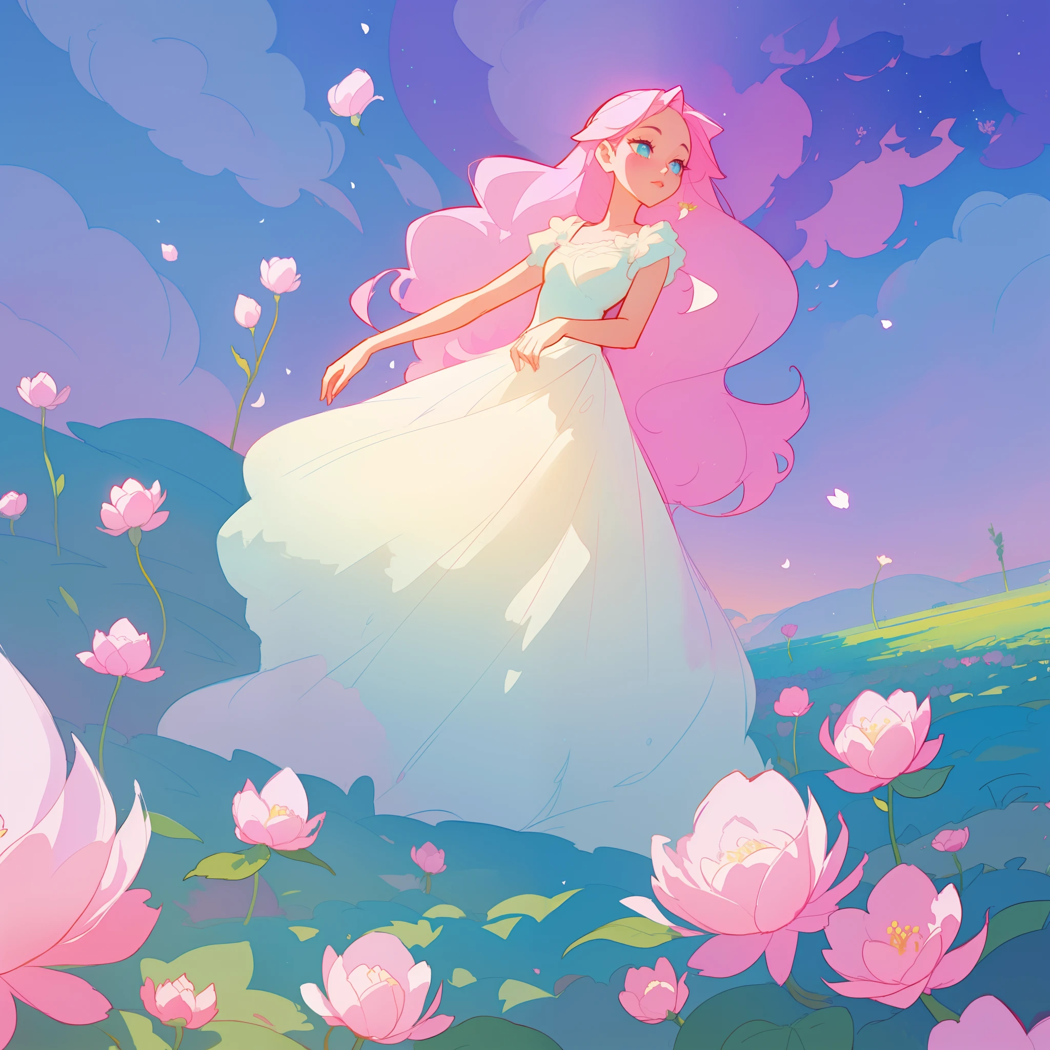 beautiful girl in puffy white ballgown, a field with puffball pink flowers, otherworldly flowers, whimsical landscape, long pink flowing hair, watercolor illustration, inspired by Glen Keane, inspired by Lois van Baarle, disney art style, by Lois van Baarle, by Glen Keane, jen bartel, digital painting, beautiful digital illustration, fantasia otherworldly landscape plants flowers, beautiful, masterpiece, best quality, anime disney style