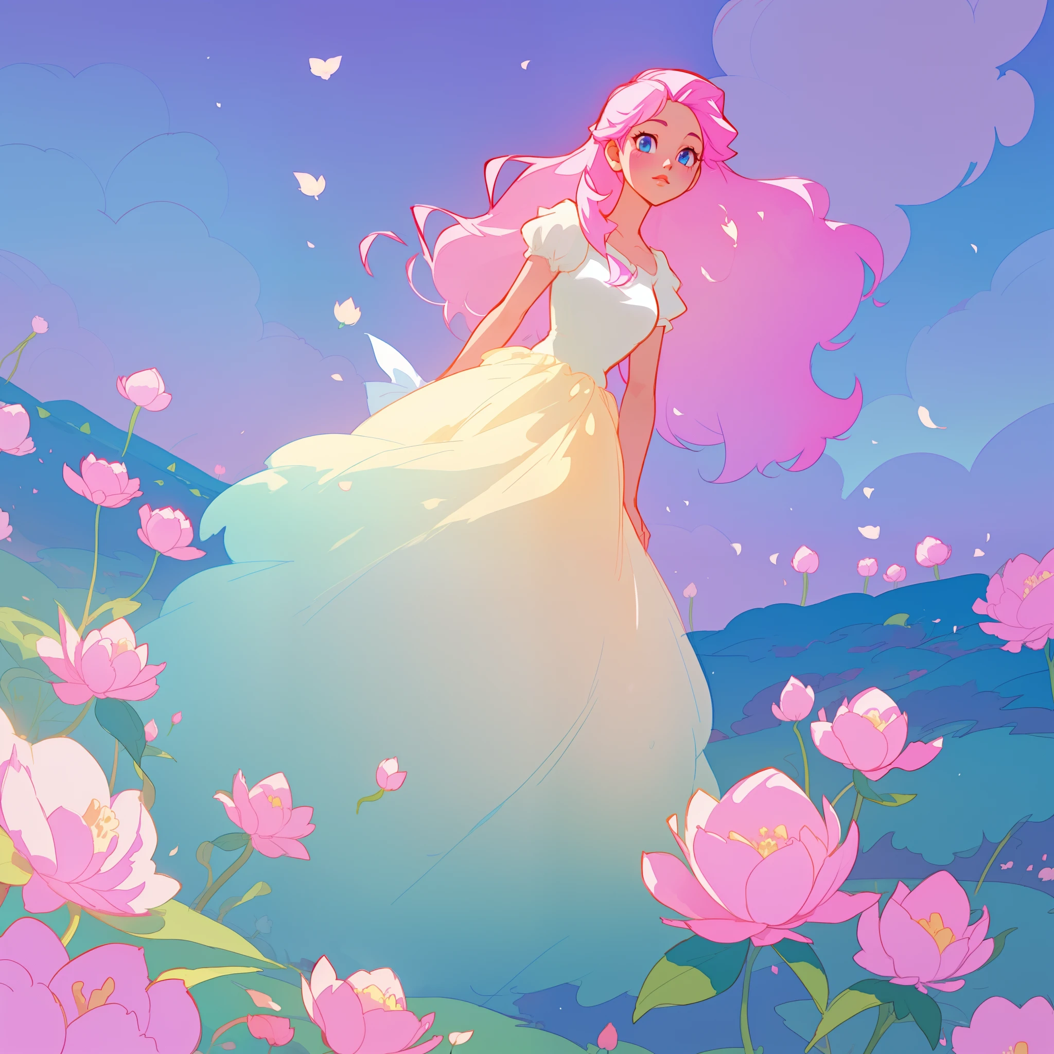 beautiful girl in puffy white ballgown, a field with puffball pink flowers, otherworldly flowers, whimsical landscape, long pink flowing hair, watercolor illustration, inspired by Glen Keane, inspired by Lois van Baarle, disney art style, by Lois van Baarle, by Glen Keane, jen bartel, digital painting, beautiful digital illustration, fantasia otherworldly landscape plants flowers, beautiful, masterpiece, best quality, anime disney style