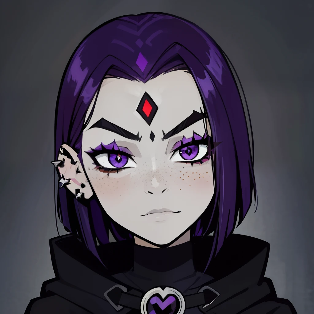 Raven, teen titans, hooded, goth girl, autumn forest background, detailed, detailed, detailed, beautiful, detail, freckles, goth girl, masterpiece, normal eyebrows, looking at viewer, beautiful, detail, intricate detail, portrait, ear piercing, goth girl, gothy girl, gothic, node piercing, punk, emo, raven, cute, round face