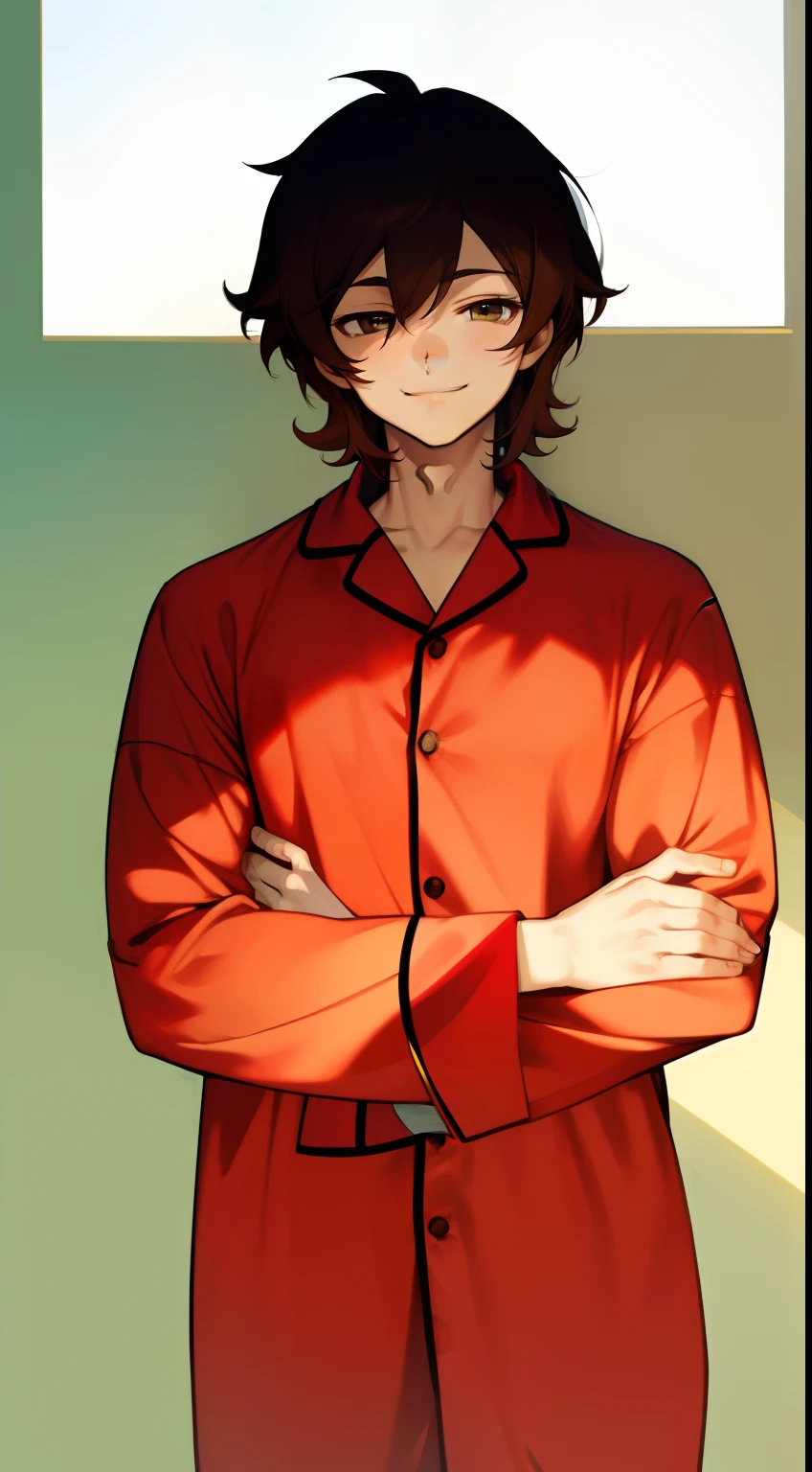 male character，Beautiful shape，Nothing background，Brown hair，animesque，A slight smil，s Pajamas，Gentle smile，