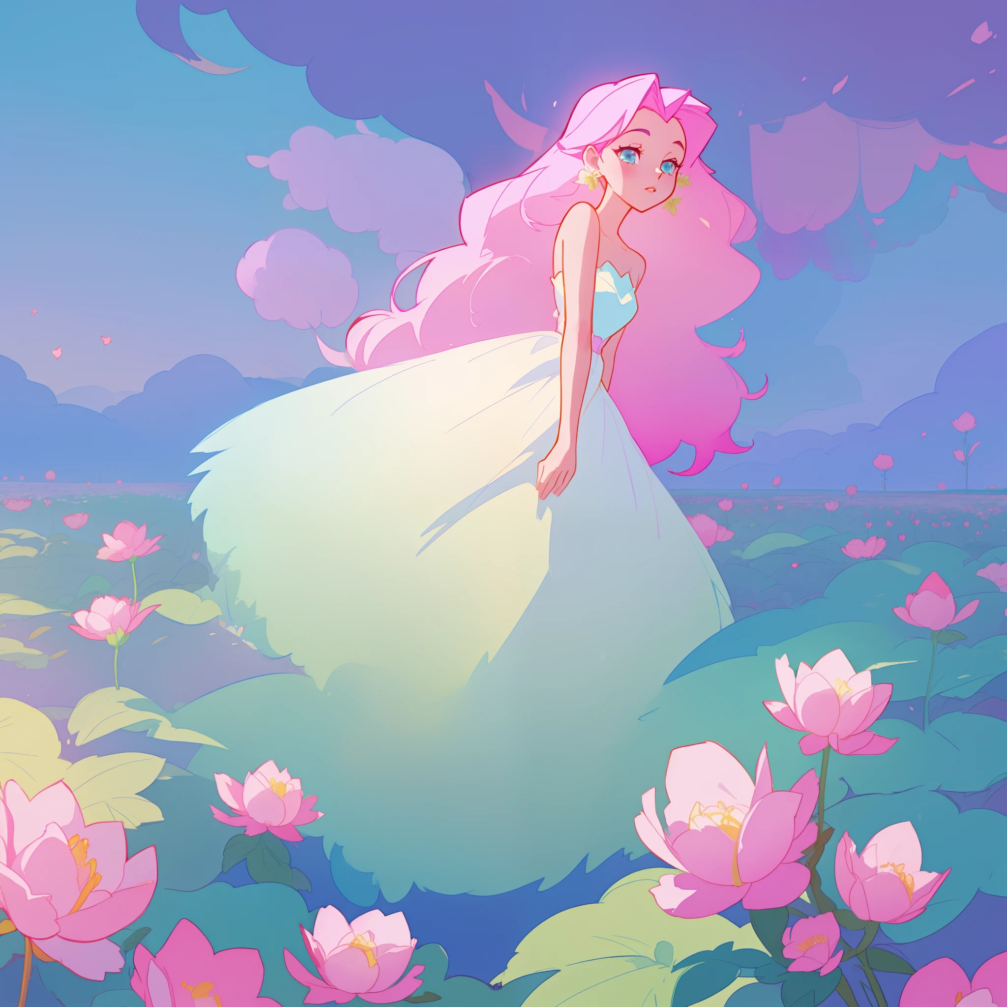 beautiful girl in puffy white ballgown, a field with puffball pink flowers, otherworldly flowers, whimsical landscape, long pink flowing hair, watercolor illustration, inspired by Glen Keane, inspired by Lois van Baarle, disney art style, by Lois van Baarle, by Glen Keane, jen bartel, digital painting, beautiful digital illustration, fantasia otherworldly landscape plants flowers, beautiful, masterpiece, best quality, anime disney style