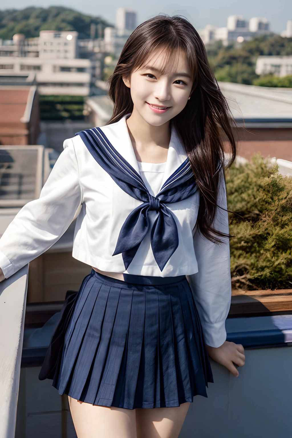 masterpiece、4K、top-quality、beautiful Korean women、detail portrayal、1 girl in、23years old、(Japan sailor suit、Mini skirt 1.1)、(School rooftop:1.3)、(filmg, Ilford HP5, 80mm)、 depth of fields、cowboy shot、ssmile
