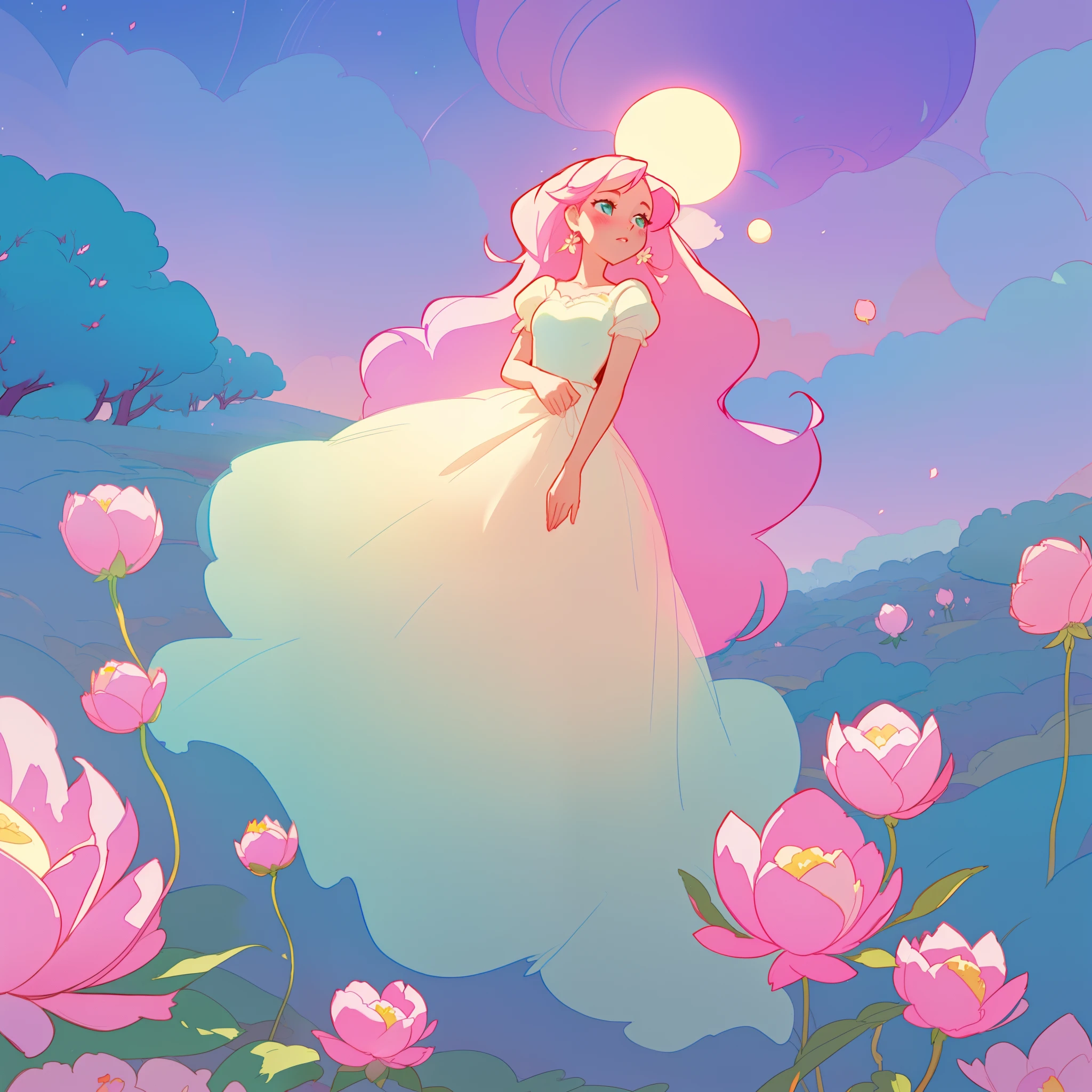 beautiful girl in puffy white ballgown, a field with puffball pink flowers, otherworldly flowers, whimsical landscape, long pink flowing hair, watercolor illustration, inspired by Glen Keane, inspired by Lois van Baarle, disney art style, by Lois van Baarle, by Glen Keane, jen bartel, digital painting, beautiful digital illustration, fantasia otherworldly landscape plants flowers, beautiful, masterpiece, best quality, anime disney style