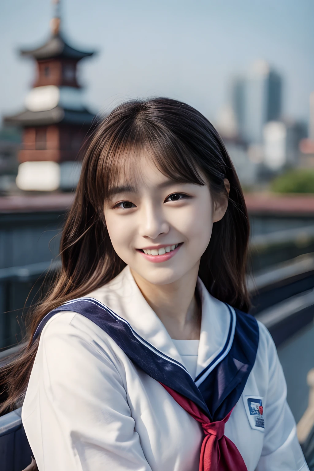 masterpiece、4K、top-quality、beautiful Korean women、detail portrayal、1 girl in、23years old、(Japan Sailor Suit 1.1)、(School rooftop:1.3)、(filmg, Ilford HP5, 80mm)、 depth of fields、cowboy shot、ssmile