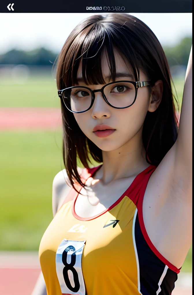 track and field girl,armpit,bangs bangs,black-rimmed glasses,straight hair