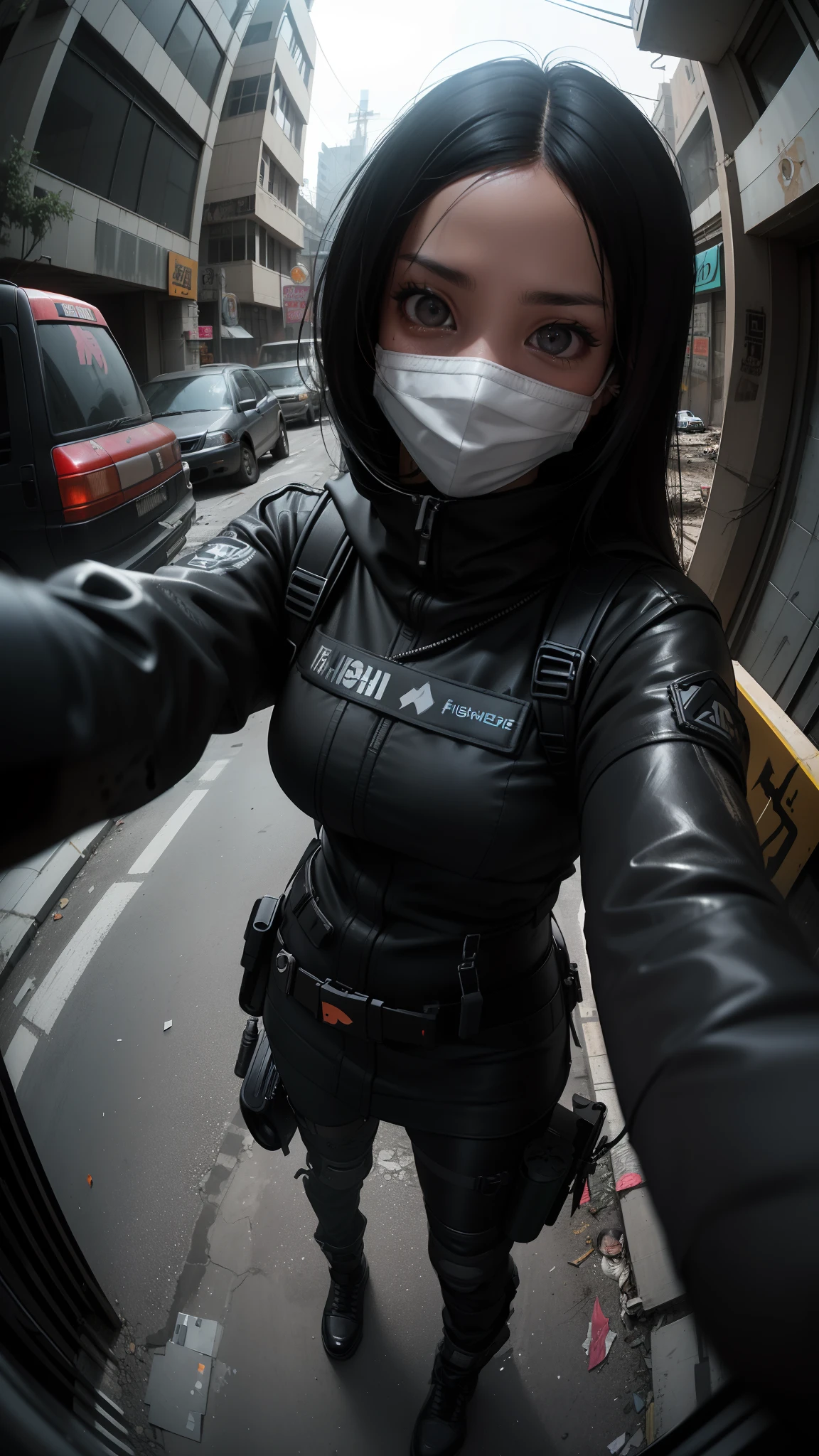 (Selfie, POV, 1 malay girl rogue agent wearing mask, in a empty abandoned dystopian street year 2010, trashbags broken cars. (fisheye lens:1.2), nighttime analog style, masterpiece, (detailed eyes), best quality, epic, hyperrealistic, tom clancys the division concept art