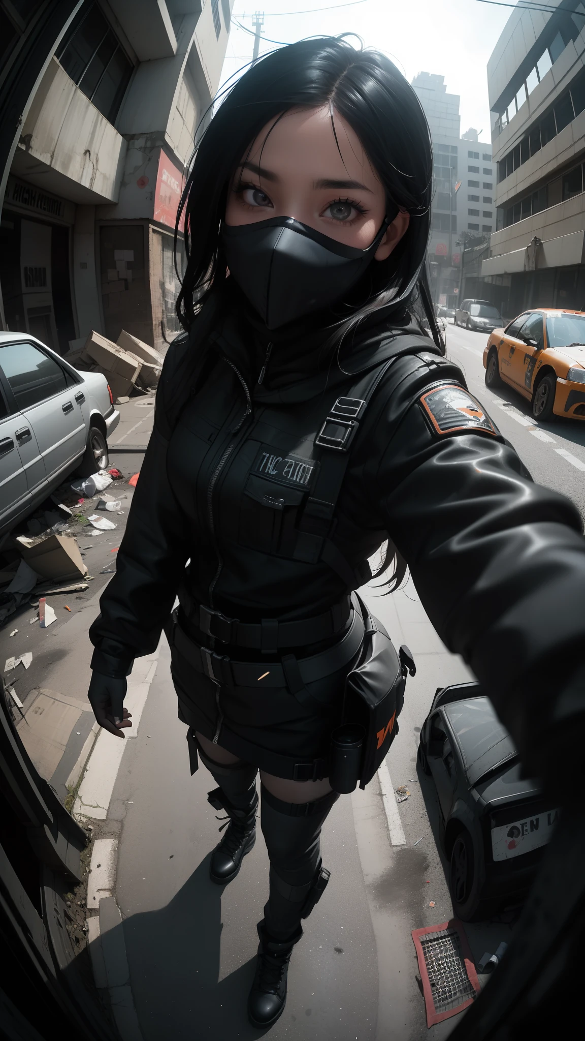 (Selfie, POV, 1 malay girl rogue agent wearing mask, in a empty abandoned dystopian street year 2010, trashbags broken cars. (fisheye lens:1.2), nighttime analog style, masterpiece, (detailed eyes), best quality, epic, hyperrealistic, tom clancys the division concept art