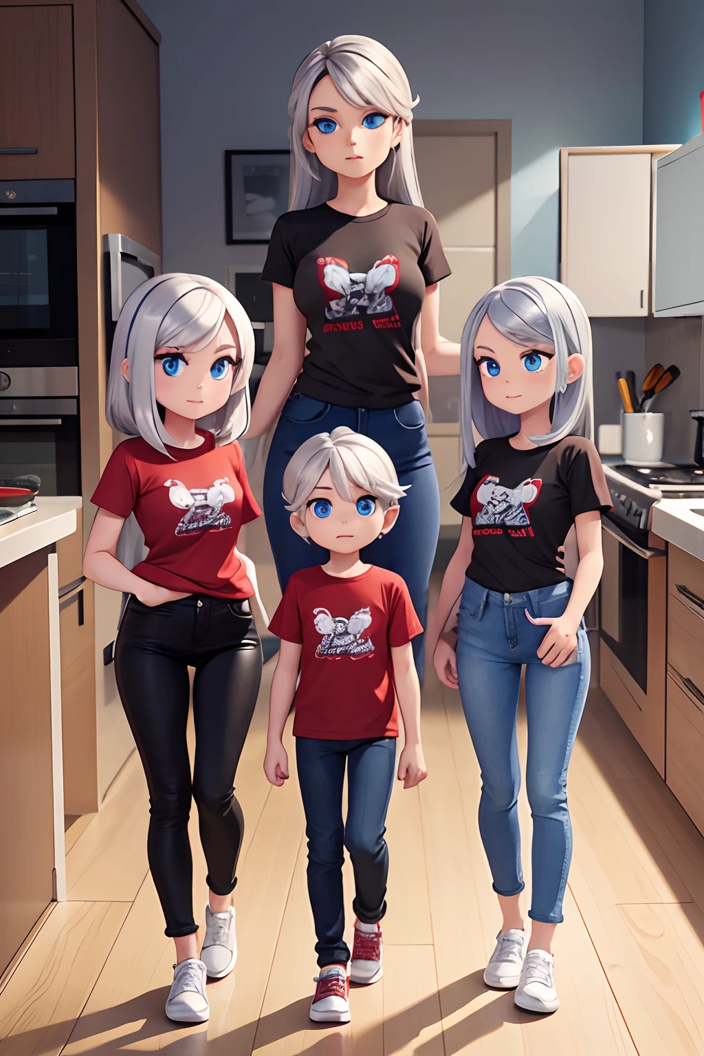 Mass-produced Android housewife assembly line. full silver hair, red t-shirt, black jeans, blue eyes