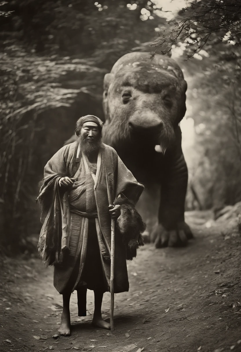 Full body, Tribe of ancient Japan masked giants locals々and take pictures with strange animals, Capture in black and white, Photos from the 1900s, Gelatin silver print, Add noise, Old Photo Effects