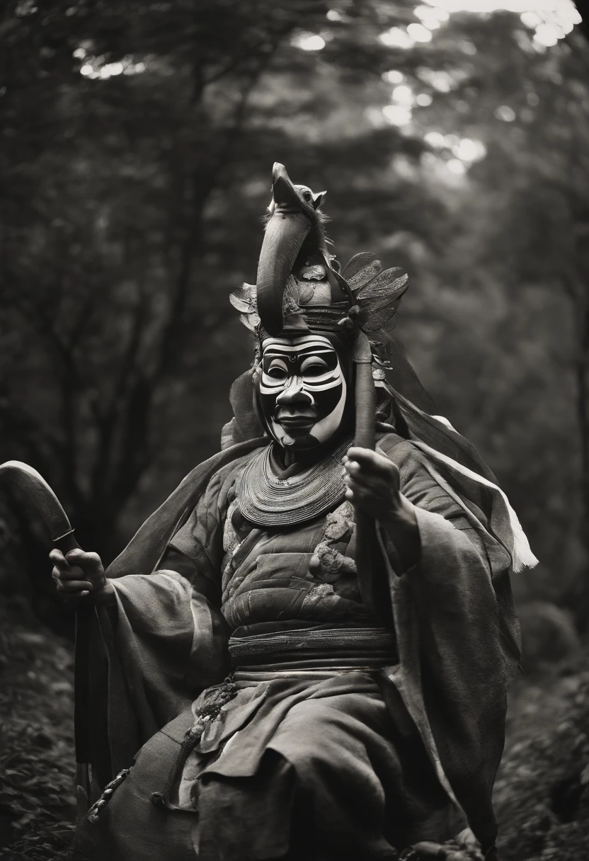 Full body, Tribe of ancient Japan masked giants locals々and take pictures with strange animals, Capture in black and white, Photos from the 1900s, Gelatin silver print, Add noise, Old Photo Effects