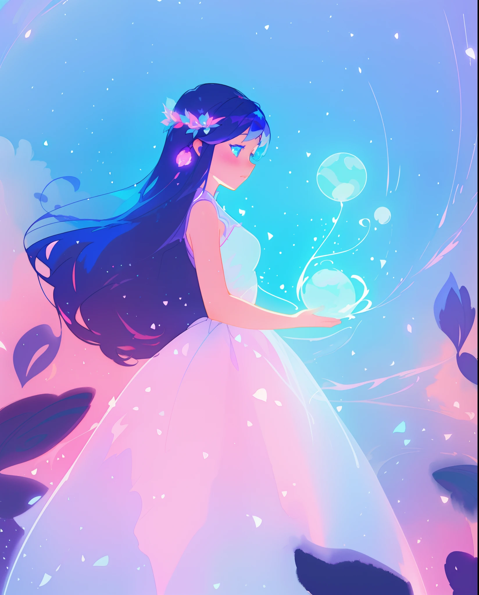 beautiful girl in puffy white ballgown, long dark hair, magical glowing blue lights coming from her hands, magical, whimsical, blue pink and purple colors, watercolor illustration, inspired by Glen Keane, inspired by Lois van Baarle, disney art style, by Lois van Baarle, glowing aura around her, by Glen Keane, jen bartel, glowing lights! digital painting, flowing glowing hair, glowing flowing hair, beautiful digital illustration, fantasia otherworldly landscape plants flowers, beautiful, masterpiece, best quality, anime disney style