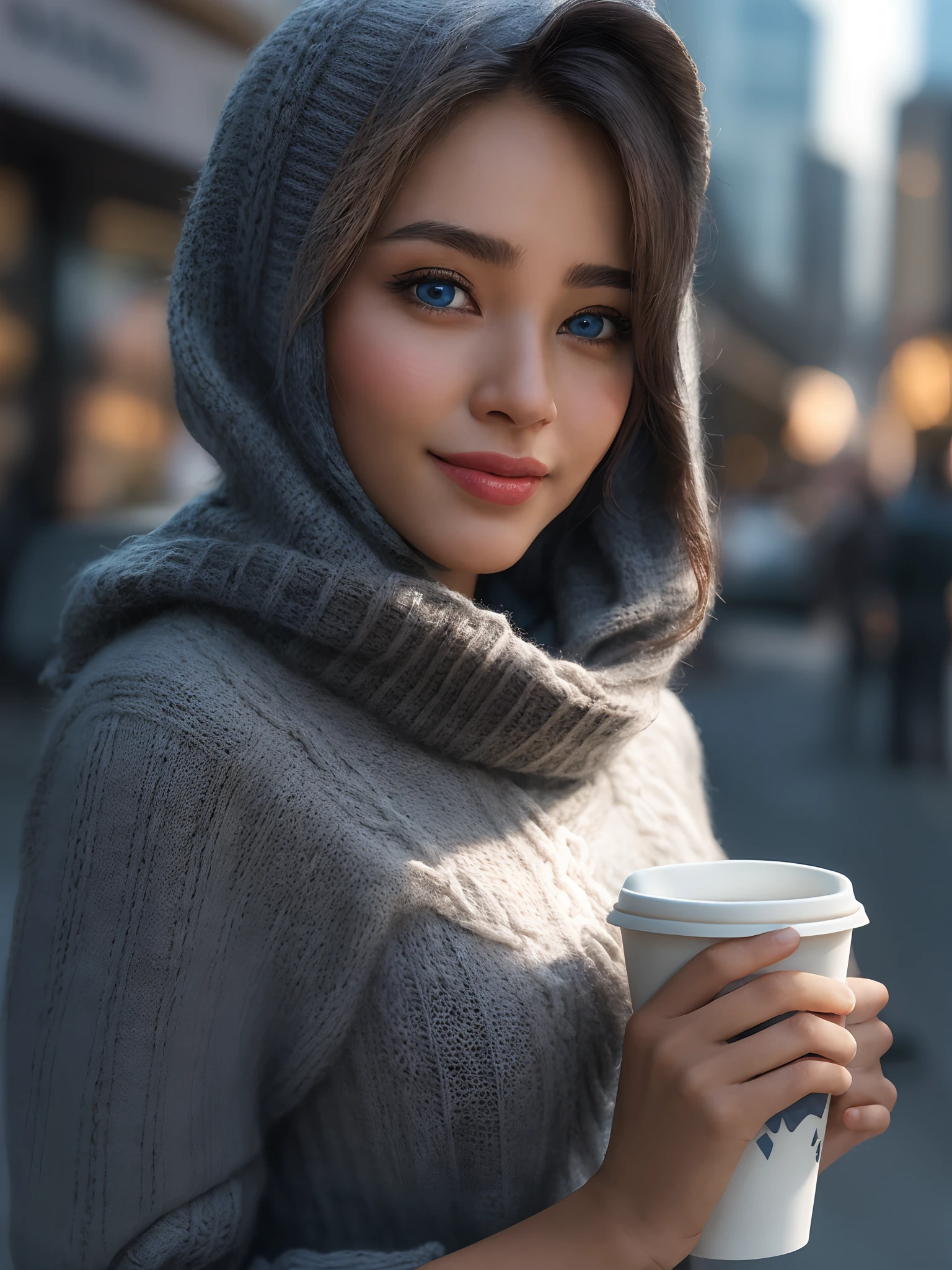 (masterpiece, best quality:1.4), (modern days), (cowboy shot), 1 malay girl in hijab, grey hijab, solo, pov, sfw,
stunning girlfriend, (standing:1.1), dynamic pose, (white oversized sweater, knit sweater:1.4), (tight yoga pants, dark grey yoga pants:1.4), (short navy blue jacket, denim jacket:1.4), heart shaped face, elegant face, beautiful face, highly detailed face, highly detailed skin, skin pores, subsurface scattering, (detailed blue eyes), realistic pupils, large sagging breast, camel toe, loving smile, looking at viewer, full face blush, full lips, holding a single coffee cup, centered,
coffee shop in background, city street, sunny day, wind, detailed background, depth of field, atmospheric perspective, volumetric lighting, sharp focus,
absurdres, realistic proportions, good anatomy, (realistic, hyperrealistic:1.4), 16k hdr,