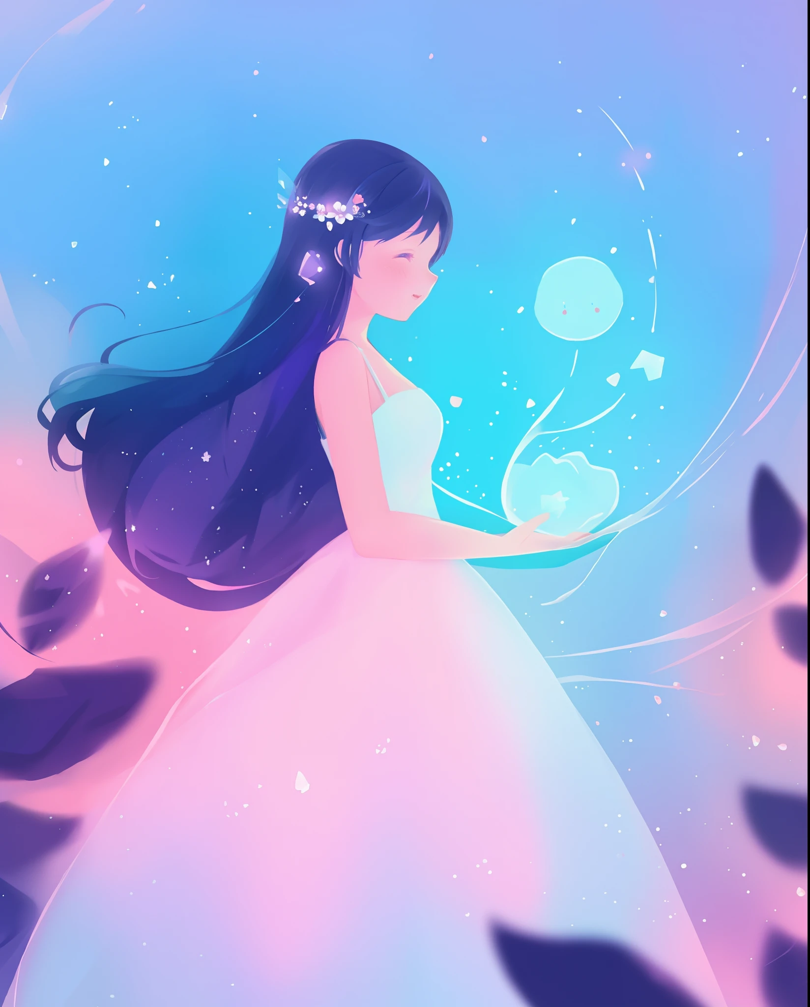 beautiful girl in puffy white ballgown, long dark hair, magical glowing blue lights coming from her hands, magical, whimsical, blue pink and purple colors, watercolor illustration, inspired by Glen Keane, inspired by Lois van Baarle, disney art style, by Lois van Baarle, glowing aura around her, by Glen Keane, jen bartel, glowing lights! digital painting, flowing glowing hair, glowing flowing hair, beautiful digital illustration, fantasia otherworldly landscape plants flowers, beautiful, masterpiece, best quality, anime disney style