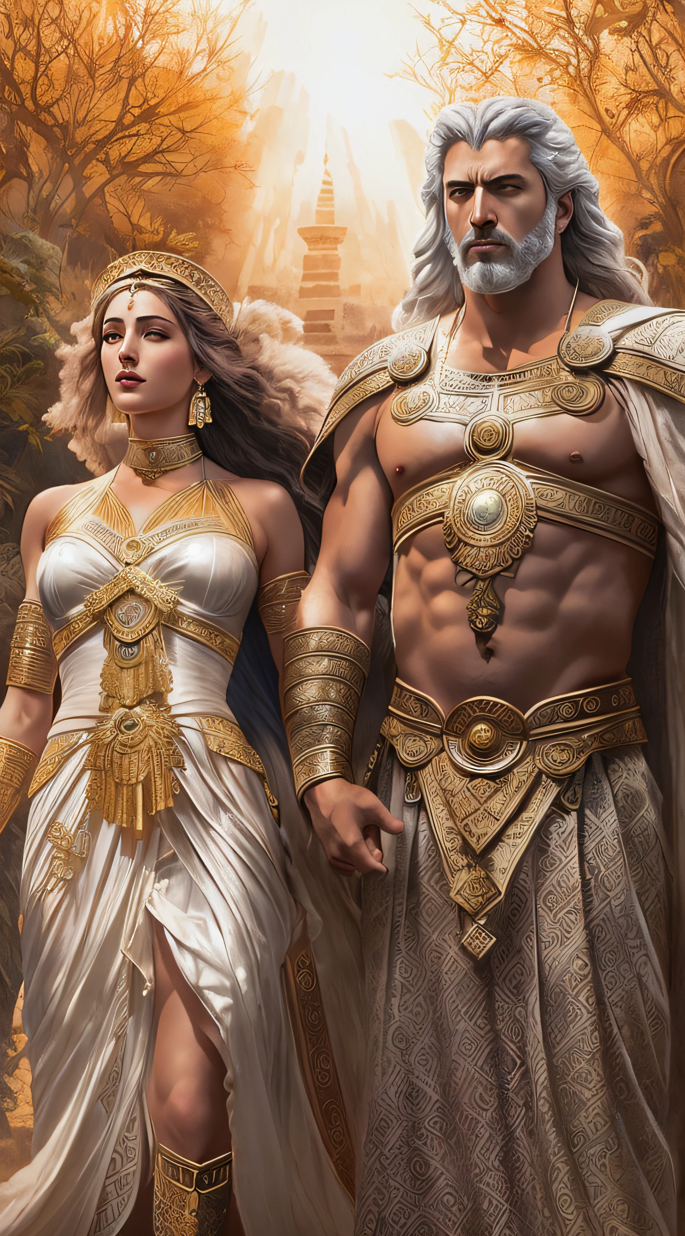 arafed image of a man and a woman dressed in ancient clothing, by Roman Bezpalkiv, greek myth digital painting, greek mythology characters, asya yoranova and alan lee, by Pablo Munoz Gomez, godrays digital painting, greek gods, by Aleksander Kotsis, boris vallejo and tom bagshaw, epic scene of zeus
