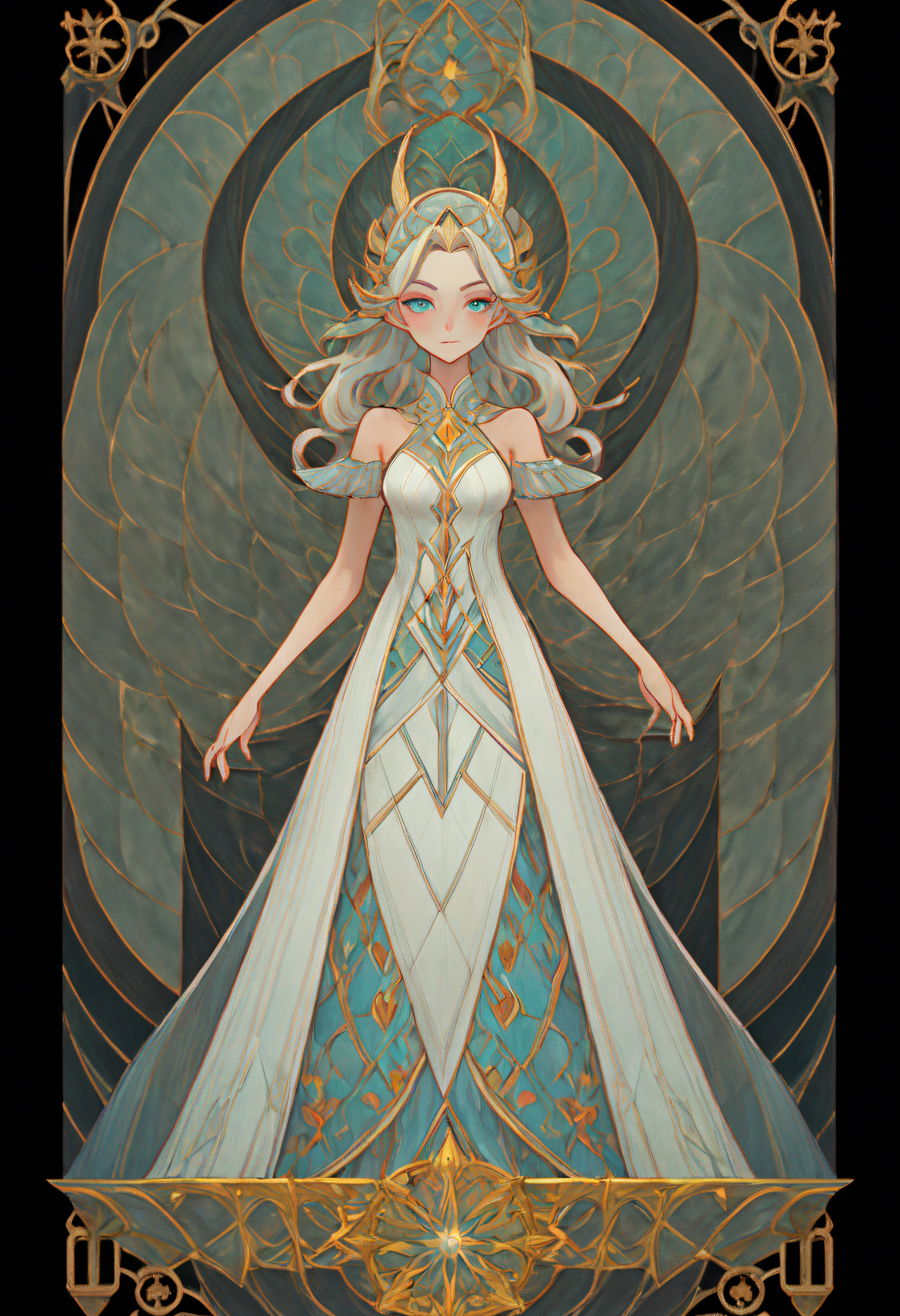 Full body portrait of 1 girl, mages, Gorgeous long dress, standing on your feet, (((独奏))), Clear facial features, Simple line design, ((tarot card background, symmetric beauty)), perfectly symmetrical, The art of symmetry, Standing drawings of characters, ((flatcolors)), tmasterpiece，top Quority，best qualtiy，超高分辨率, ((Clear facial features，beautidful eyes，beauitful face, Exquisite facial features))