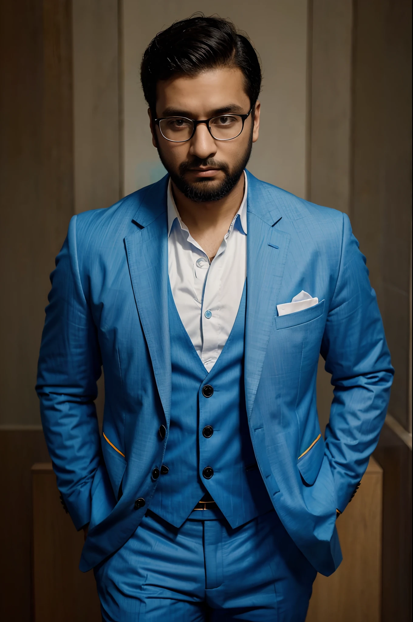 arafed man with a beard and glasses wearing a blue jacket, an album cover inspired by Sudip Roy, pexels, dau-al-set, dressed in a professional suit, wearing a colorful men's suit, wearing a light blue suit, in style of col price, wearing fashion suit, * colour splash *, wearing a stylish men's suit