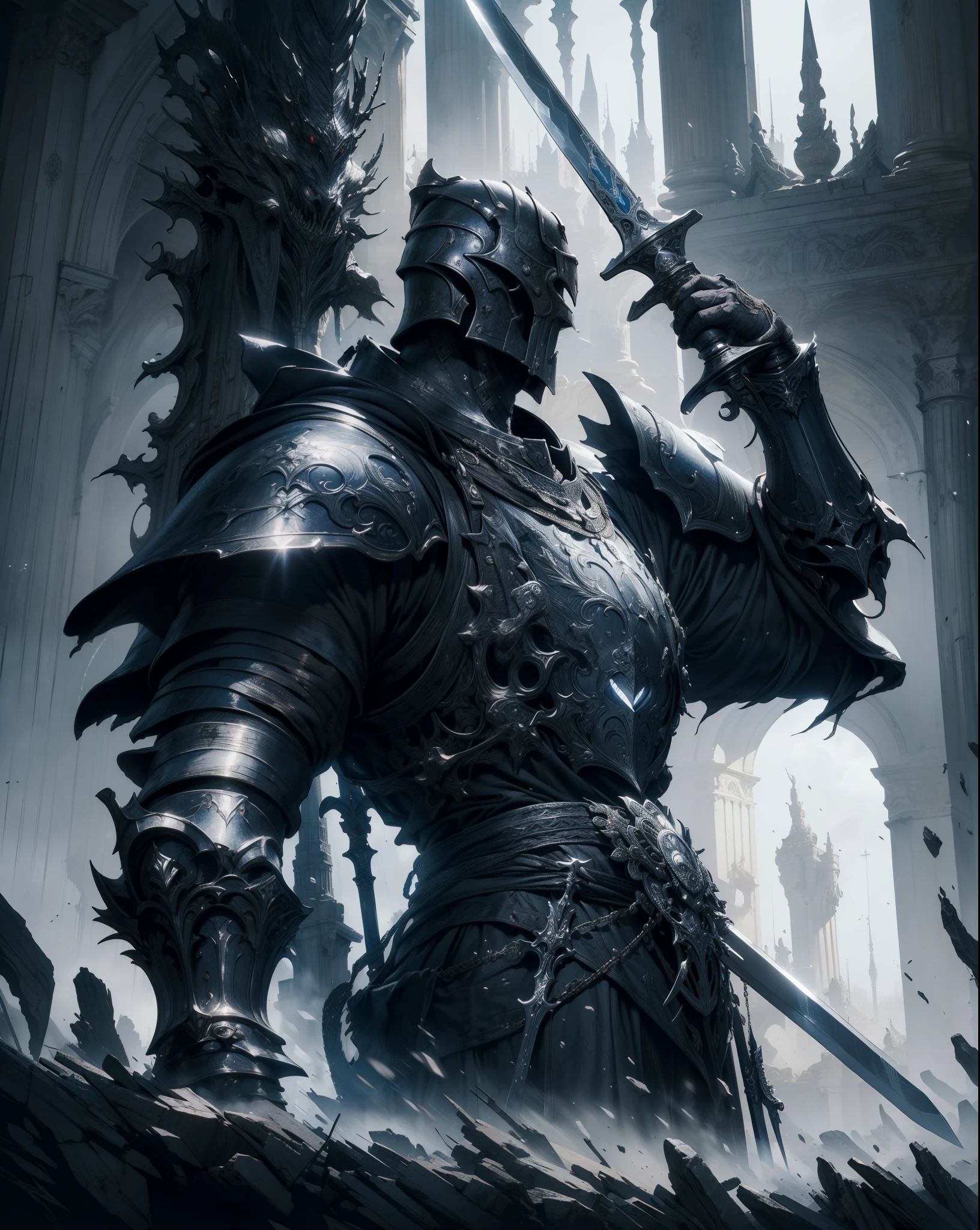 (8k unit wallpaper CG extremely detailed, masterpiece, best quality, ultra-detailed), (((solo))), ((wide shot:1.5)), (a paladin with a legendary sword), (themed background), Futuristic, divine, magnificent scene, dark sinister environment, (dark Souls 3, illustrator, (best illustration)