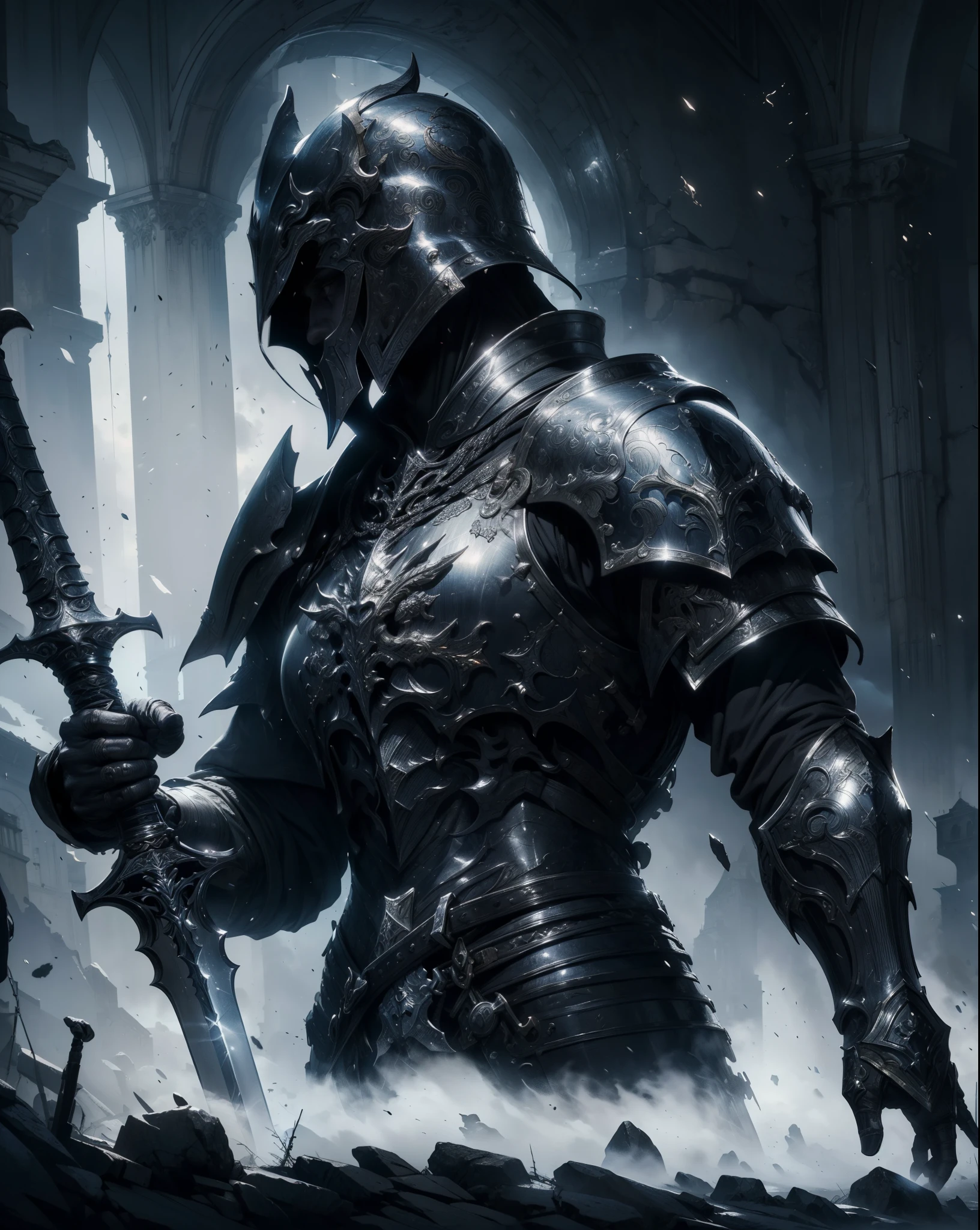 (8k unit wallpaper CG extremely detailed, masterpiece, best quality, ultra-detailed), (((solo))), ((wide shot:1.5)), (a paladin with a legendary sword), (themed background), Futuristic, divine, magnificent scene, dark sinister environment, (dark Souls 3, illustrator, (best illustration)