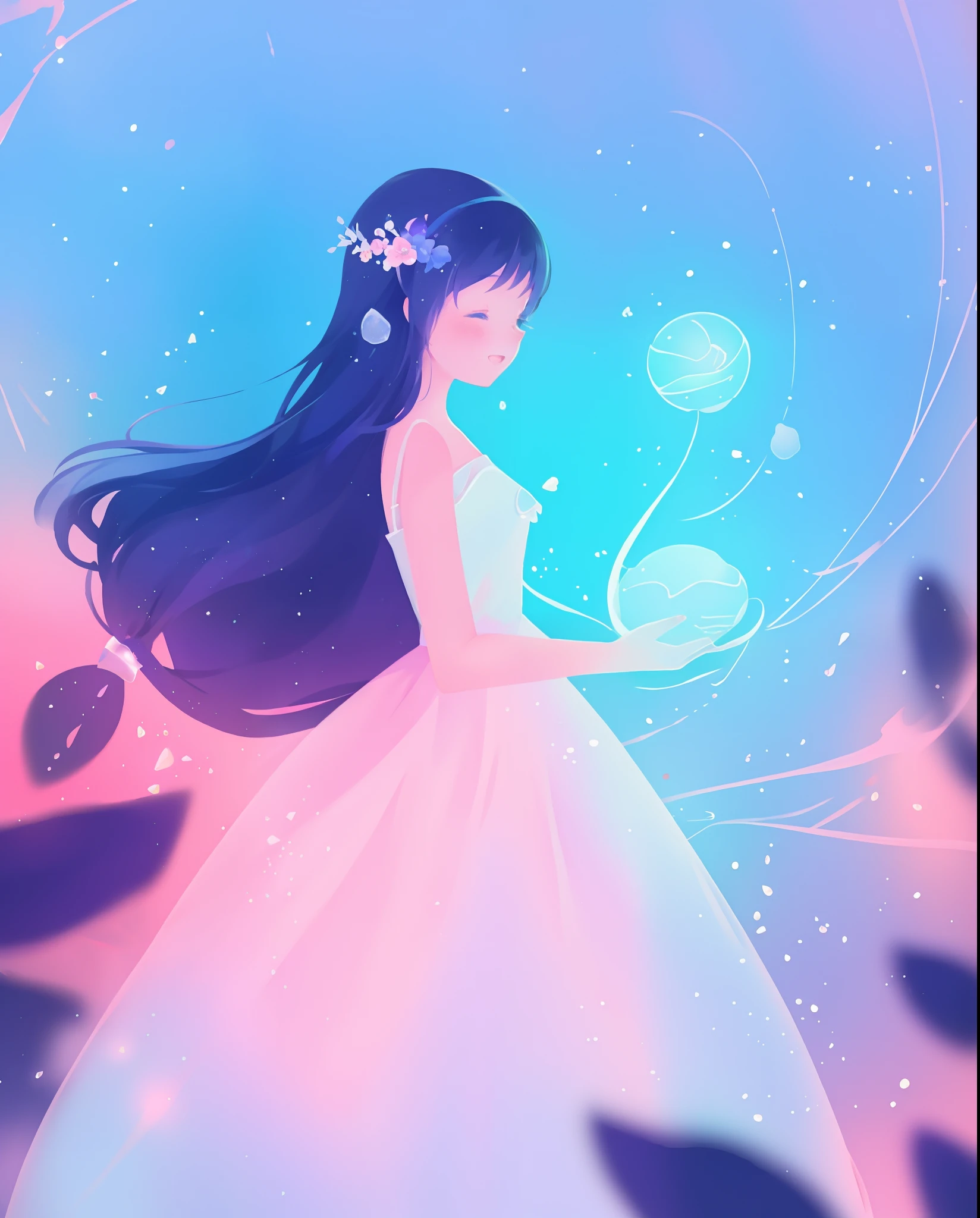 beautiful girl in puffy white ballgown, long dark hair, magical glowing blue lights coming from her hands, magical, whimsical, blue pink and purple colors, watercolor illustration, inspired by Glen Keane, inspired by Lois van Baarle, disney art style, by Lois van Baarle, glowing aura around her, by Glen Keane, jen bartel, glowing lights! digital painting, flowing glowing hair, glowing flowing hair, beautiful digital illustration, fantasia otherworldly landscape plants flowers, beautiful, masterpiece, best quality, anime disney style