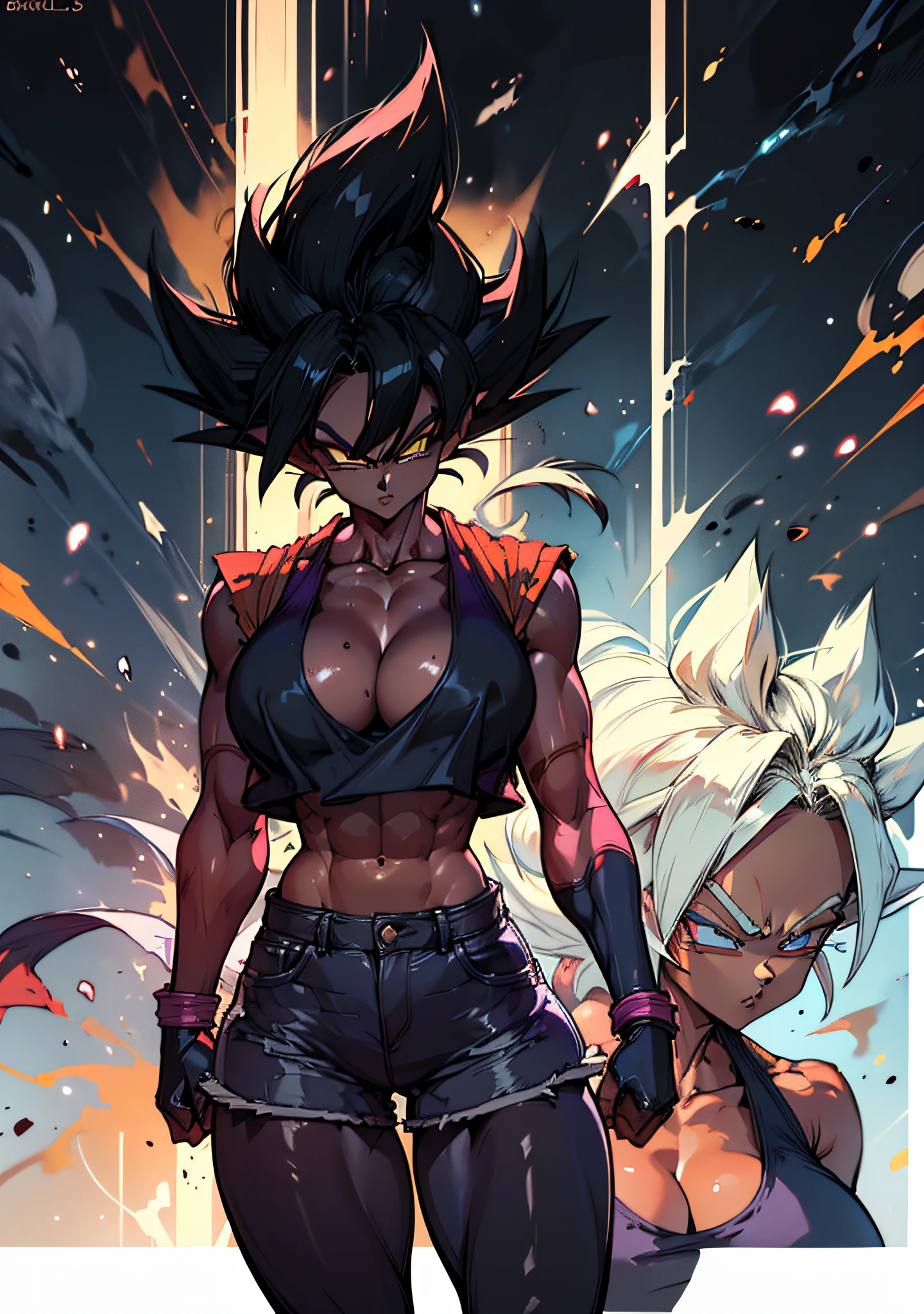 4k, style of anime, standing straight, prepared for battle, martial arts, sexy blake belladonna (dark-skin:1.85), (dragonball complex background:1.35), forest, big ass, black hair, long hair, lipstick, (purple makeup:1.1), yellow eyes hadow, detailed face, ((character with cat ears)), (character with monkey tail), tsurime eyes, amber eyes, (african woman: 1.7), (very dark-skinned female: 1.7), (character with monkey tail), (japanese street clothes:0.6), (hip vent:1.3), (bridal gauntlets:1.1), (semi-transparent clothes:1.2), (teenage female), Large Breasts, cleavage, (fit body: 1.1), open white jacket, black sleeveless tanktop, tight black leggings underneath white denim shorts, ripped shorts, one character only.