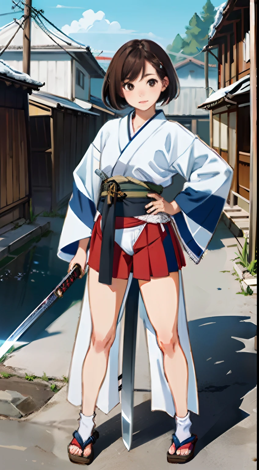 {{{masterpiece}}}, {{{best quality}}}, {{ultra-detailed}}, {illustration}, {{an extremely delicate and beautiful}},(Edo townscape),1girl, cute girl, solo, japanese clothes, short hair, weapon,( sword:1.2), brown eyes, looking at viewer, kimono,(Clothes come off:1.5), brown hair, lips, hand on hip,( sheath:1.2),( katana:1.3), black hair, full body, closed mouth, sheathed, hand up,(upskart:1.5),(white panties:1.2)