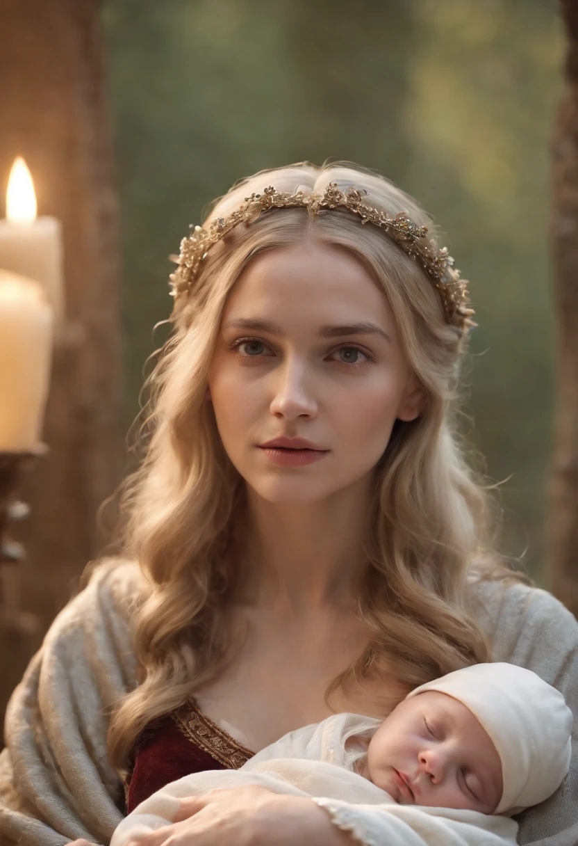 pale fair complexion, mulher em torno de 20 anos, cabelos castanhos naturais, vestindo kohl, Beautiful, seios grandes, olhar inocente, holding a in your arms, baby leeping, Baby has silver blonde hair, Baby is wrapped in velvet blankets, Medieval setting by candlelight, Ultra sharp focus, tiro realista, roupas femininas medievais, tiro na parte superior do corpo 8k, 4k, ultra realidade, Woman looks at camera.