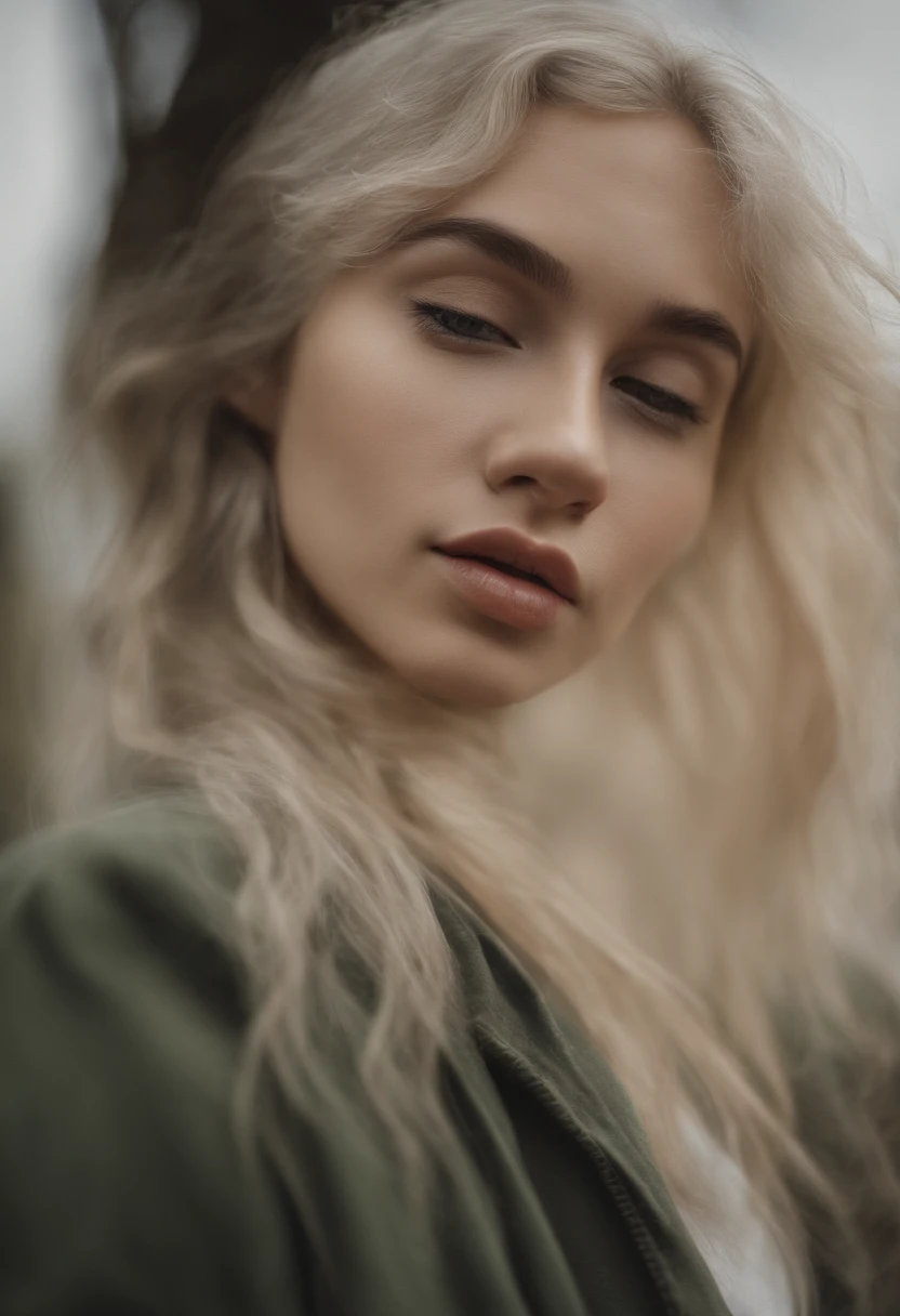 Realistic, high resolution, 1 girl, white wavy hair, Korean, heterochromic eyes, small moles under the eyes, loose white shirt, skinny denim shorts, large breasts, thighs, panties visible Masterpiece, realism NBA