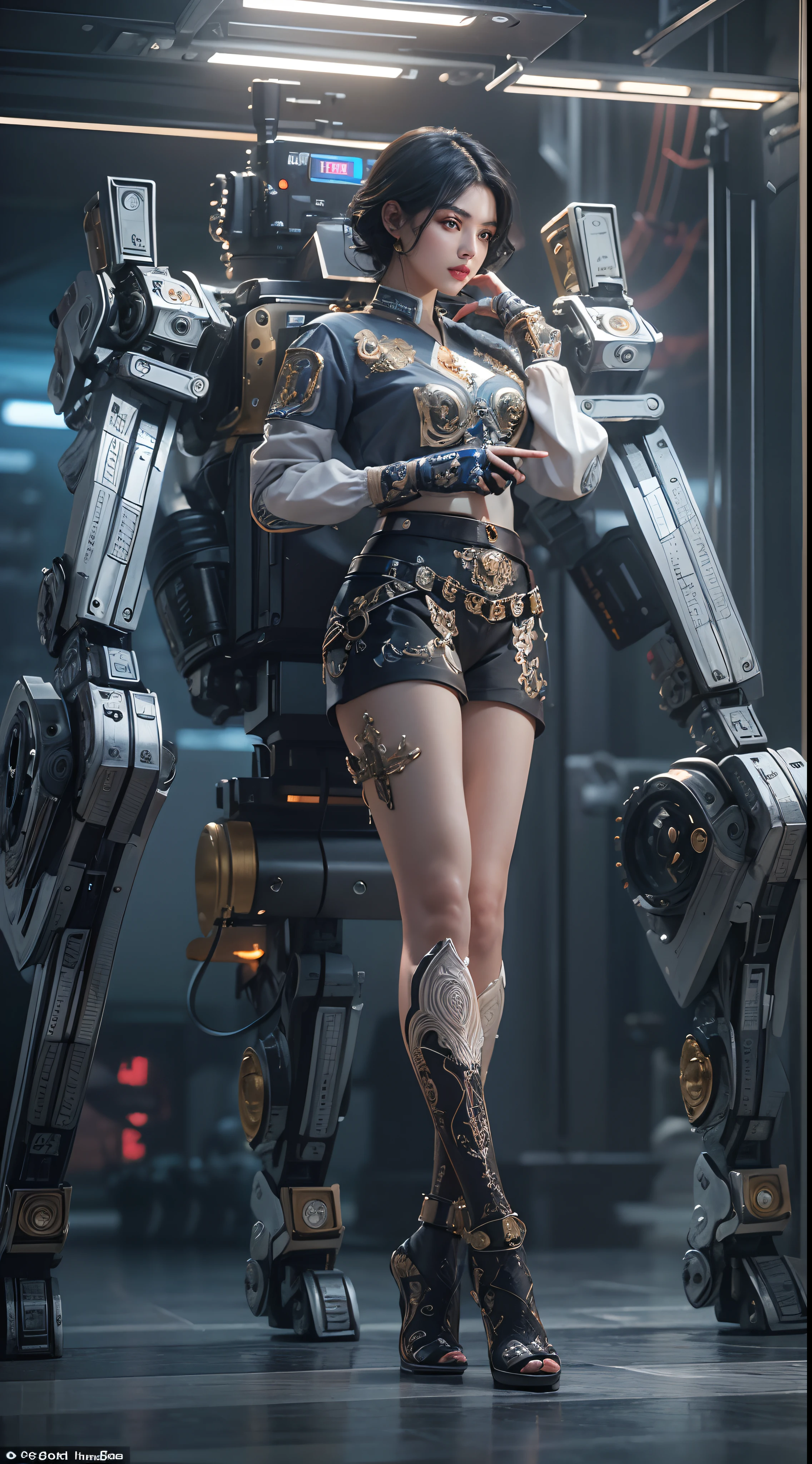 ((Masterpiece))), ((Best Quality))), ((Ultra Detailed)), (Ultra Real), (Highly Detailed CG Illustration), Cinematic Light, Realistic, Very Beautiful Young Lady, (Beautiful Face and Lips), Intricate Details, Full View, Weapon, Robotic Arm, Cinematic Quality, Full Body, Short Black Hair