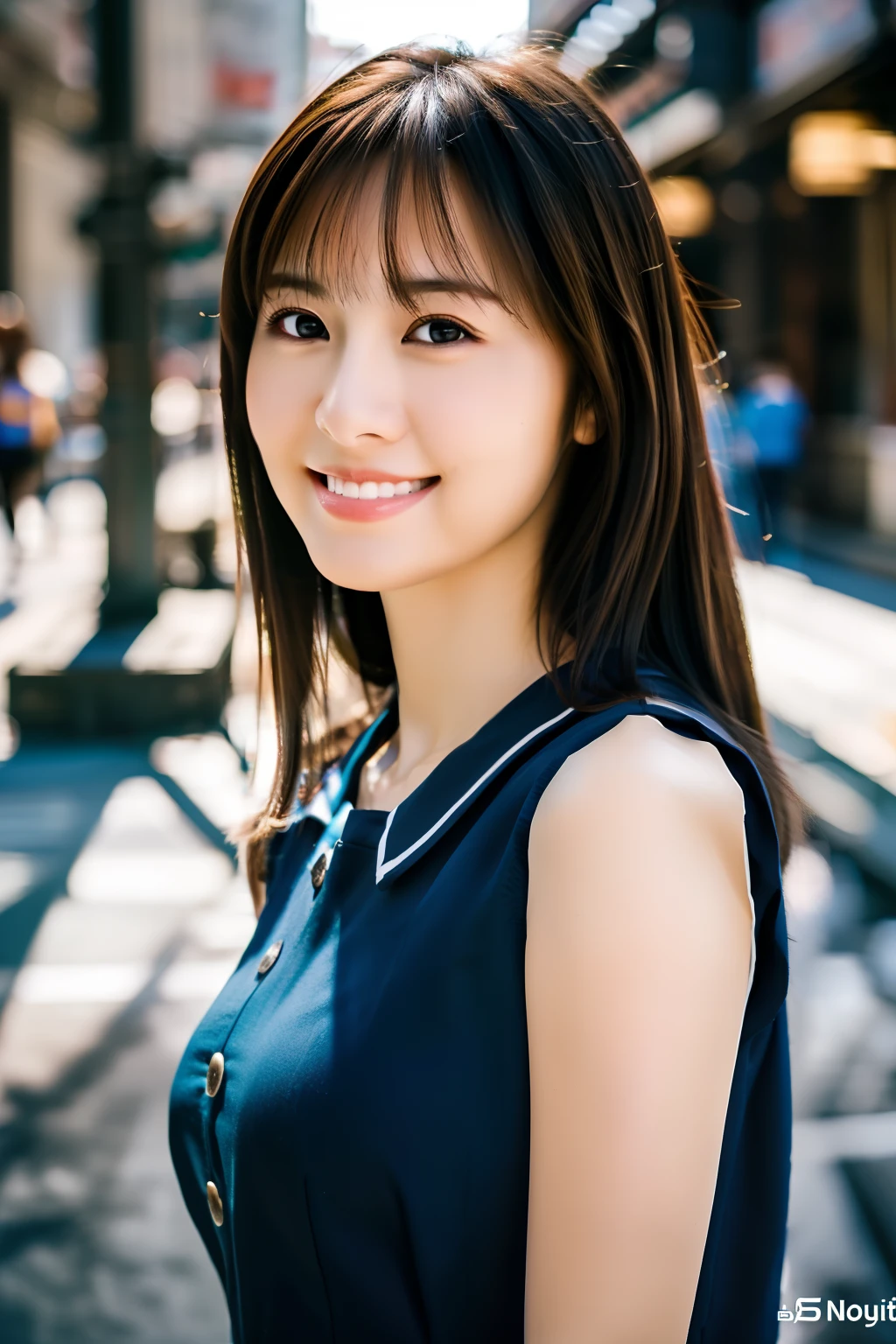 bangs, Tzuyu, woman,complex 3d render ultra detailed, smile, portrait of beautiful woman, moody portrait, striking features, beauty, intricate details, dramatic composition, tension, contrast, texture, realism, high-quality rendering, stunning art, high quality, film grain, Fujifilm XT3,swirly bokeh,(realistic, photo-realistic:1.2),RAW photo,physically-based rendering,(looking at viewer:1.4),(8k, best quality, masterpiece:1.2),(full body shot:1.1),octane render,extremely detailed CG, unity 8k wallpaper,in street,urban,city,(studio soft light,sunlight:1.2),(standing:1.1),(a girl is wearing sleeveless:1.5),hyper realistic detail shiny skin,ultra detailed,(ultra realistic:1.2),(intricate:1.2),(photorealistic:1.2),1girl,(skinny:1.3),detailed background ,(large breasts:1.1)