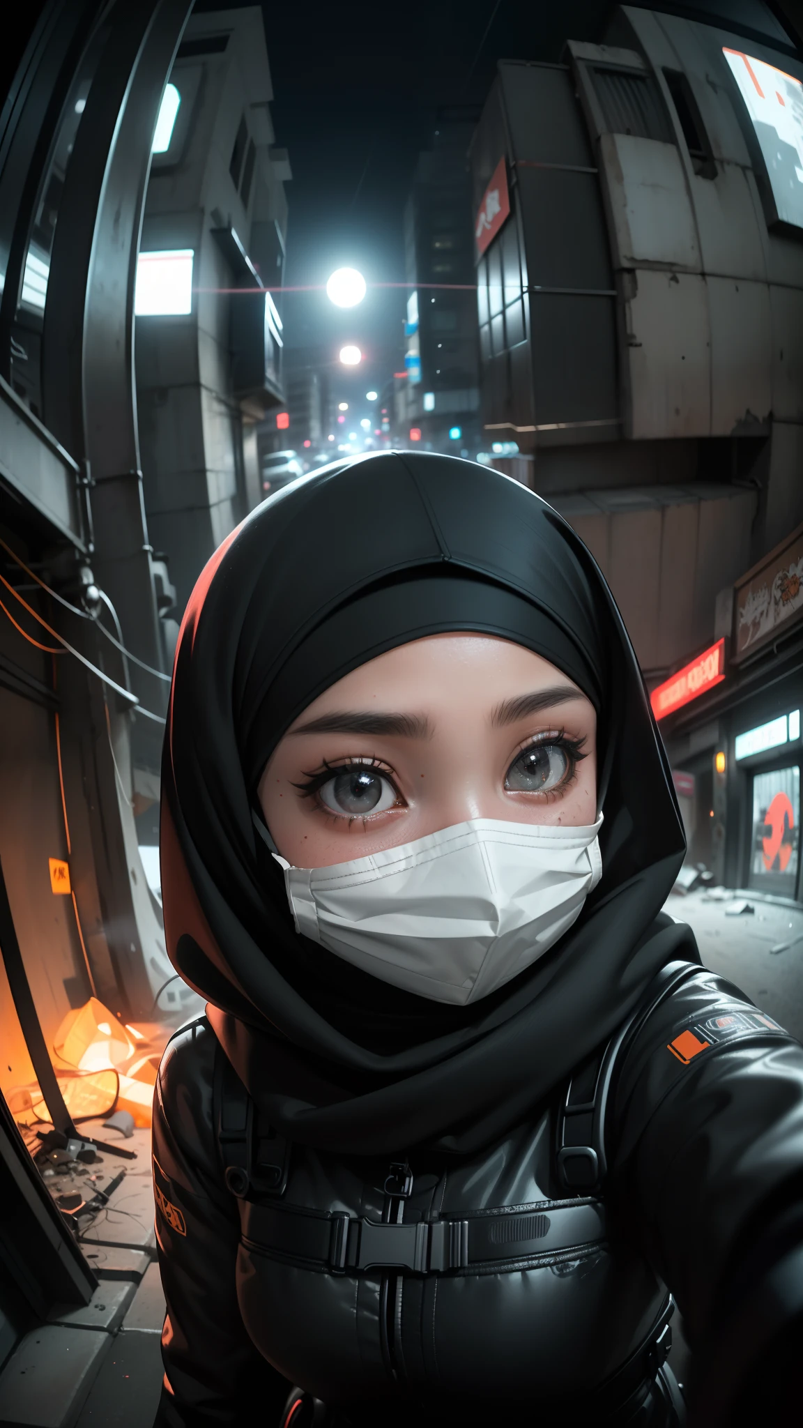 moslem woman in hijab, mouth mask cover, gothic eyes mascara, glowing shiny face, air bubbles, amongst cloud photography, close up, photorealistic, hyperrealism, professional photography, DSLR, HDR, holographic emerging from 2D to 3D